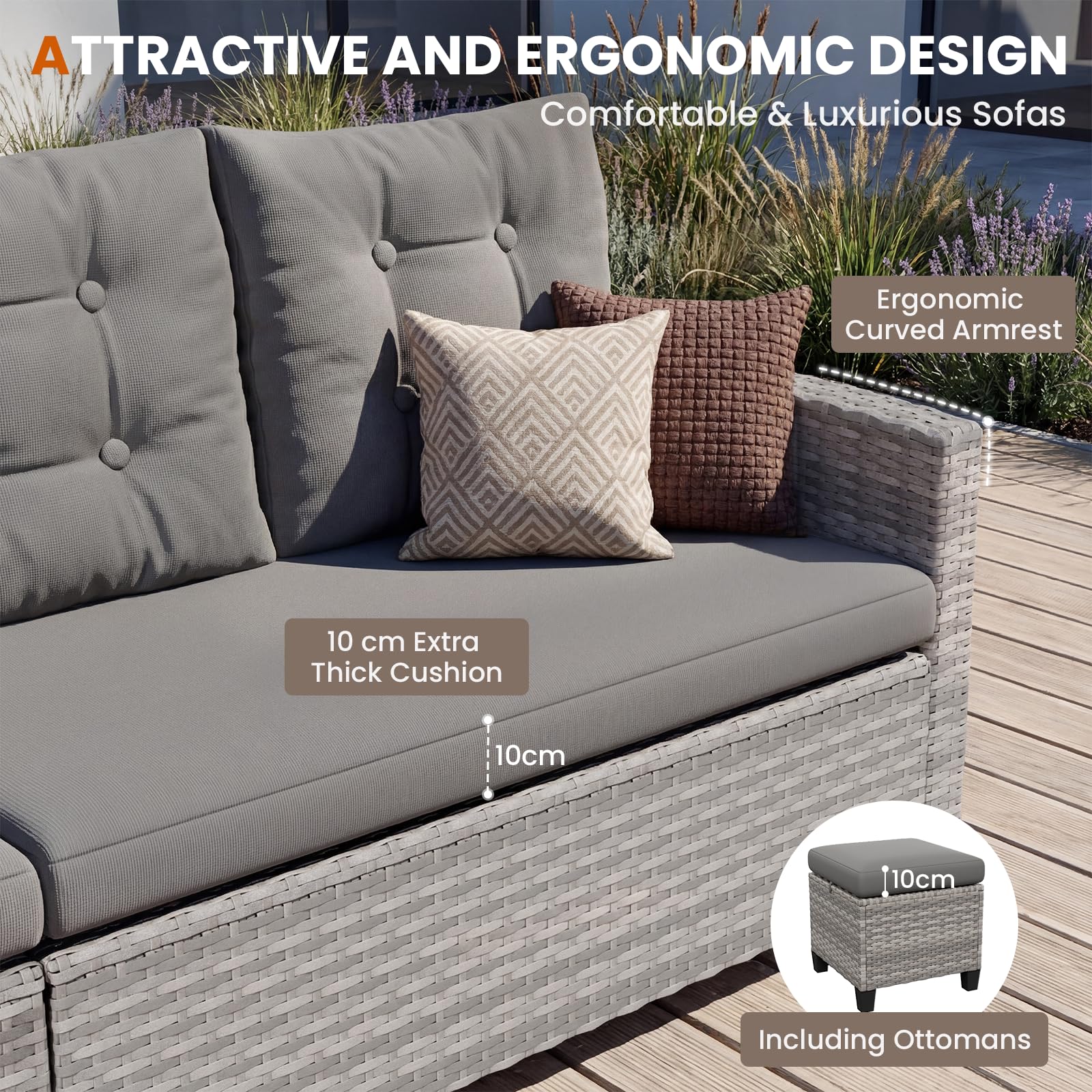 UDPATIO Rattan Gartenmöbel Set, Lounge Ecksofa mit Esstisch, Sessel & 2 Hocker, Wetterfest bis 8 Personen, Lounge Möbel Outdoor, Balkonmöbel, Terassenmöbel für Terrasse/Balkon/Garten, Grau