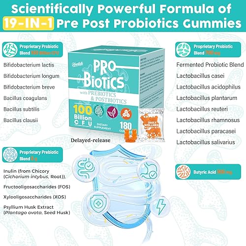 Miniatura 4 de Gomitas probióticas 19 en 1, prebióticos probióticos posbióticos, 100 mil millones de UFC para mujeres y hombres, apoyo inmunitario, intestinal y