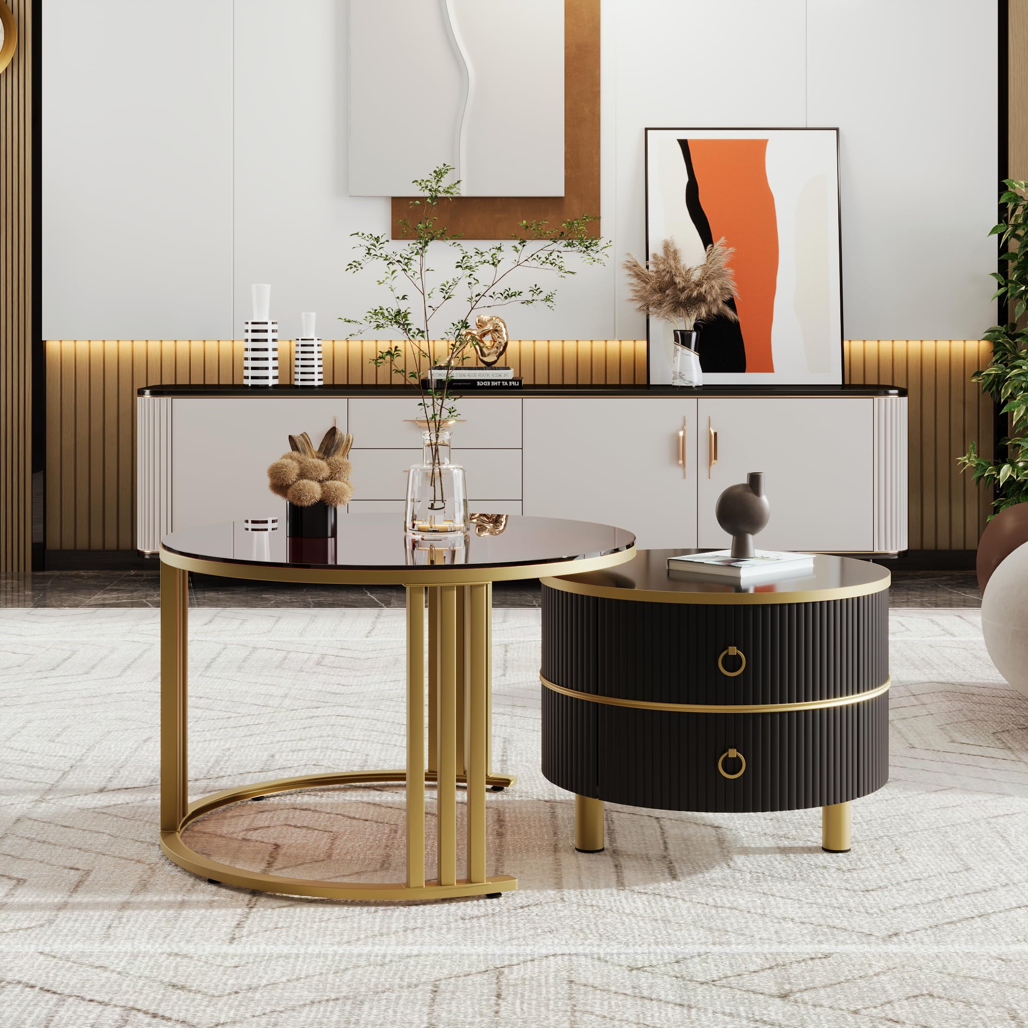 ModernLuxe 2-in-1 MDF Coffee Tables for Living Room, Brown Round Coffee Table with Tempered Glass and Golden Metal Frame Legs, Black Side Table with 2 Drawers, Modern Nest of Tables for Saving Space — image 1