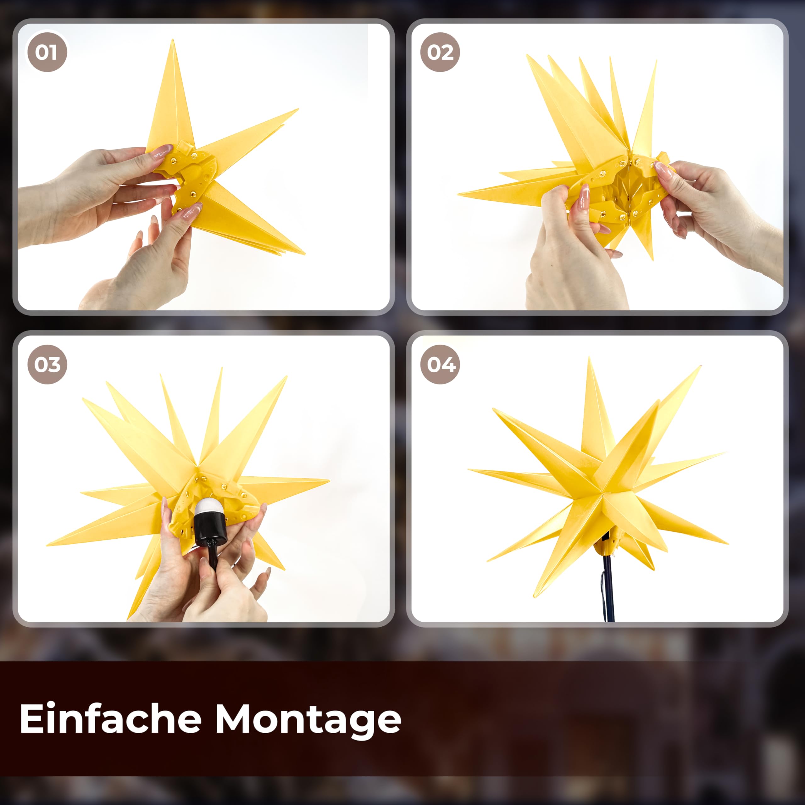 Leuchtstern 3D mit LED Beleuchtung | 3er Set mit Erdspieß | gelb | Ø 27 cm | 3D Stern mit 15 Spitzen | wetterfest | Garten Deko, Weihnachtsdeko | Weihnachtsstern | mit Timer | batteriebetrieben