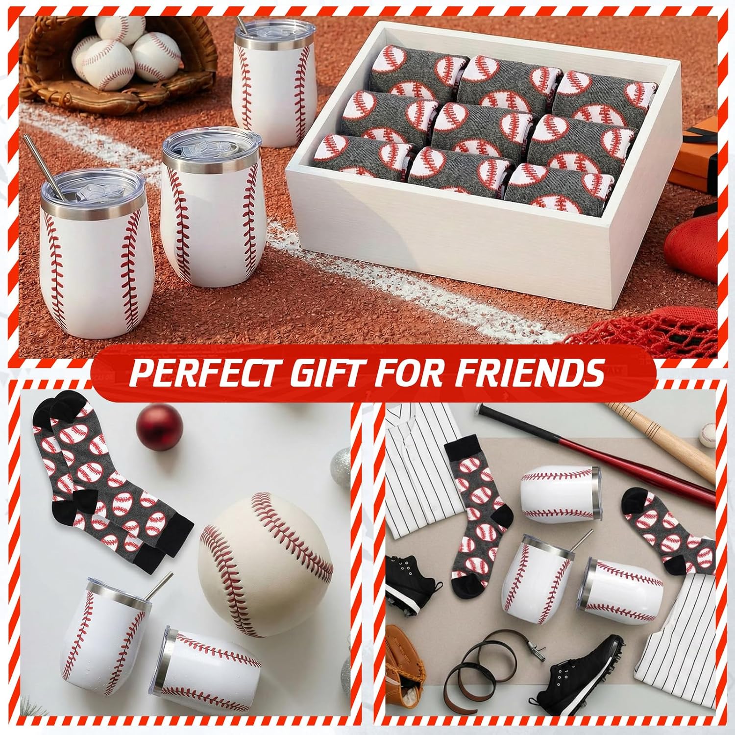 Layhit 8 Pcs Baseball Gift 12 oz Stainless Steel Baseball Tumbler Cup and Socks Mug and Soft Socks with Lids Straw Brush Gifts for Team Players Coaches Fans Favors - Image 2