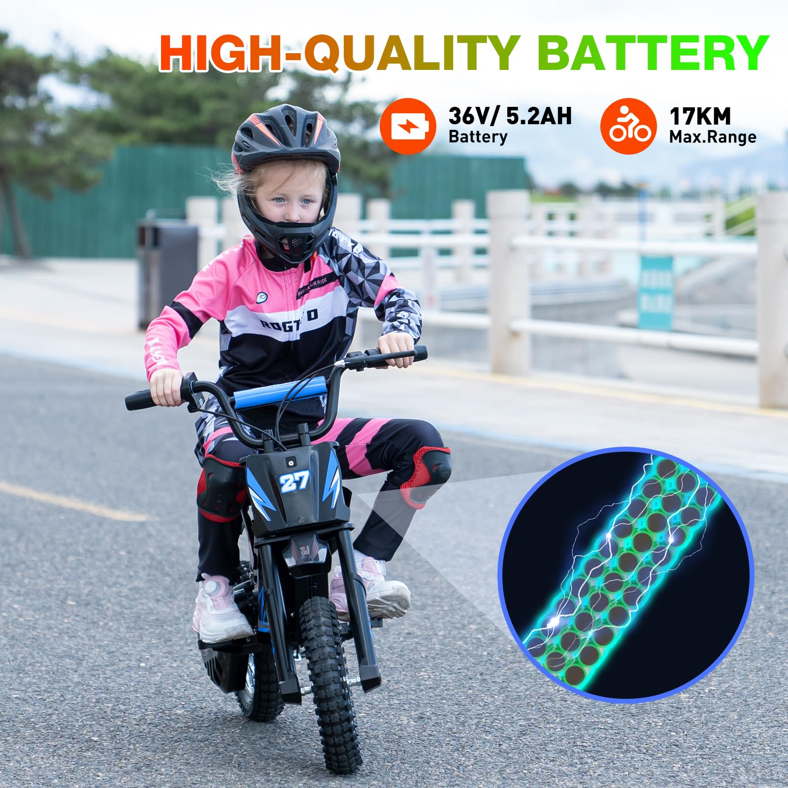 RCB TECH R9X Elektro Motorrad Kinder, Elektromotorrad mit 3 Geschwindigkeitsmodus, Max 25km/h, 36V/5,2Ah Akku, Reichweite 17KM, 12 Zoll Luftreifen, Moto Crossbike für Kinder （blau）