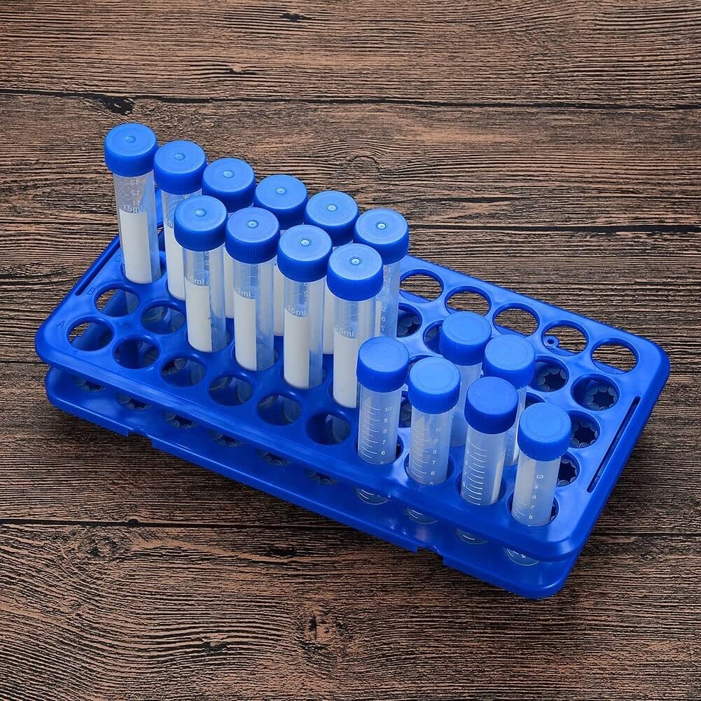 Estante de tubo de prueba de acrílico, Estante de tubos ensayo plástico azul, 50 agujeros desmontables for 5/10/15 ml, 9,8x5,1x2 pulgadas