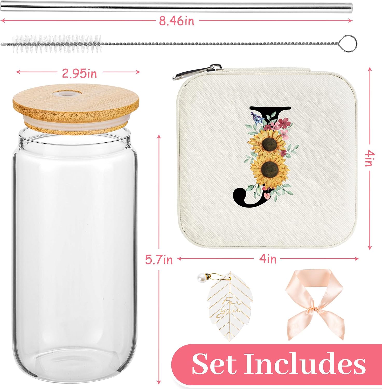 AYGXU galentines day gifts,Initial Glass Cup,Travel Jewelry Case,Small Jewelry Box Organizer, Mothers Day gifts,Initial J white