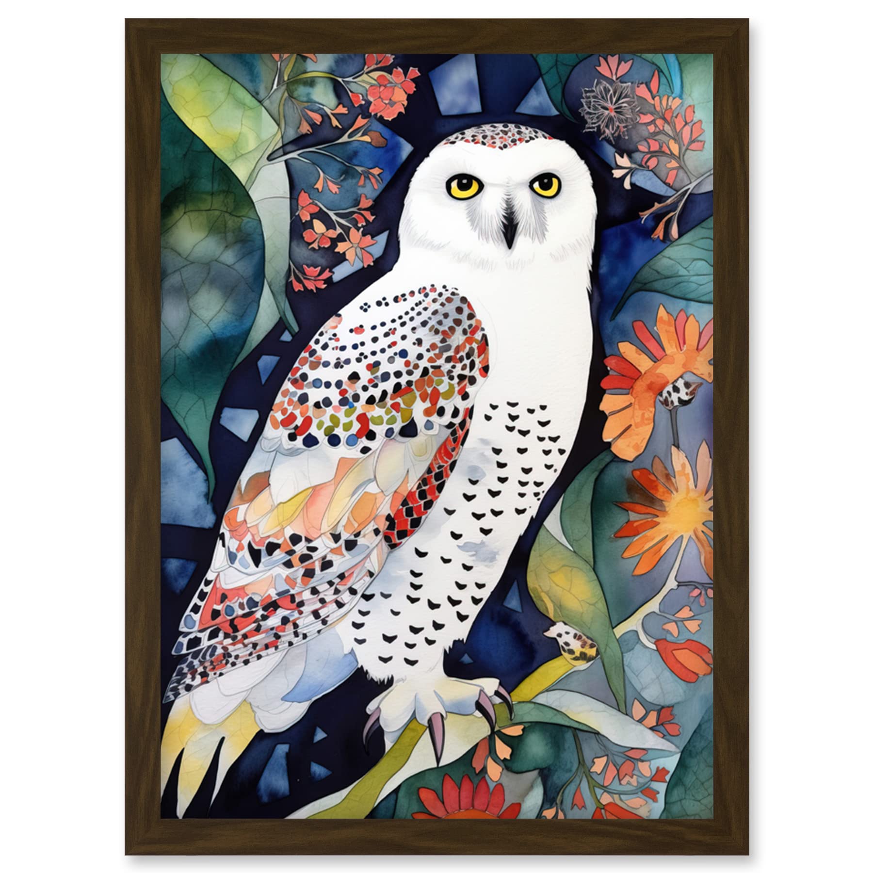 Artery8 Snowy Owl On Blooming Tree Folk Art Artwork Framed Wall Art Print A4