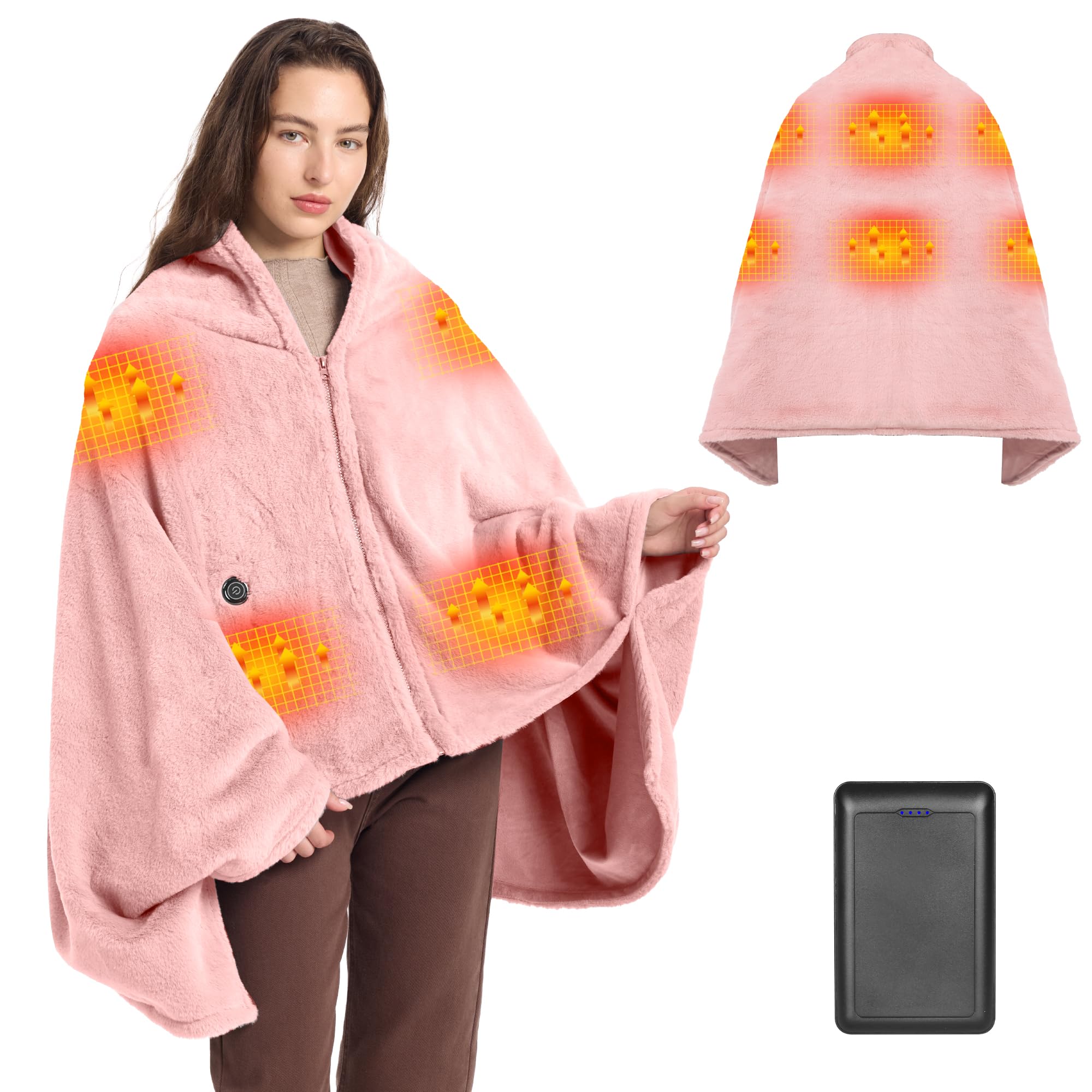 160x90cm Heizdecke Kabellose mit 16000 mAh Akku, Flanell Elektrische Wärmedecke mit 6-Zonen-Heizung, 3 Temperaturstufen, Waschbar Heizdecke zum Anziehen für Sofa, Büro, Auto, Camping(Rosa)