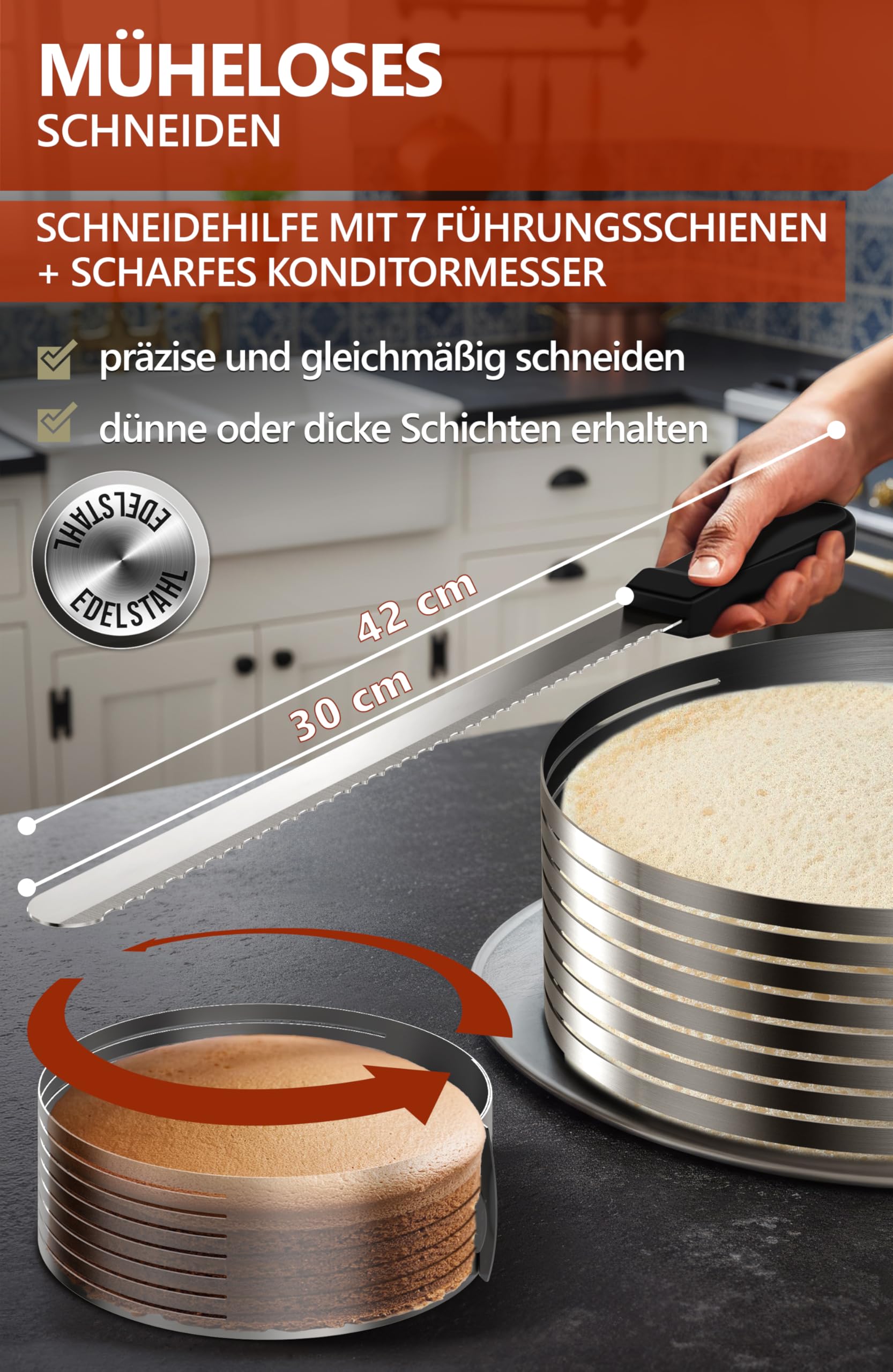 4smile Tortenzubehör - Edelstahl Torten Schneidehilfe Set, 4 Teile - Tortenring verstellbar hoch 20 cm + Tortenboden Schneidehilfe Ring Ø 26/28 cm + Konditormesser + Tortenheber