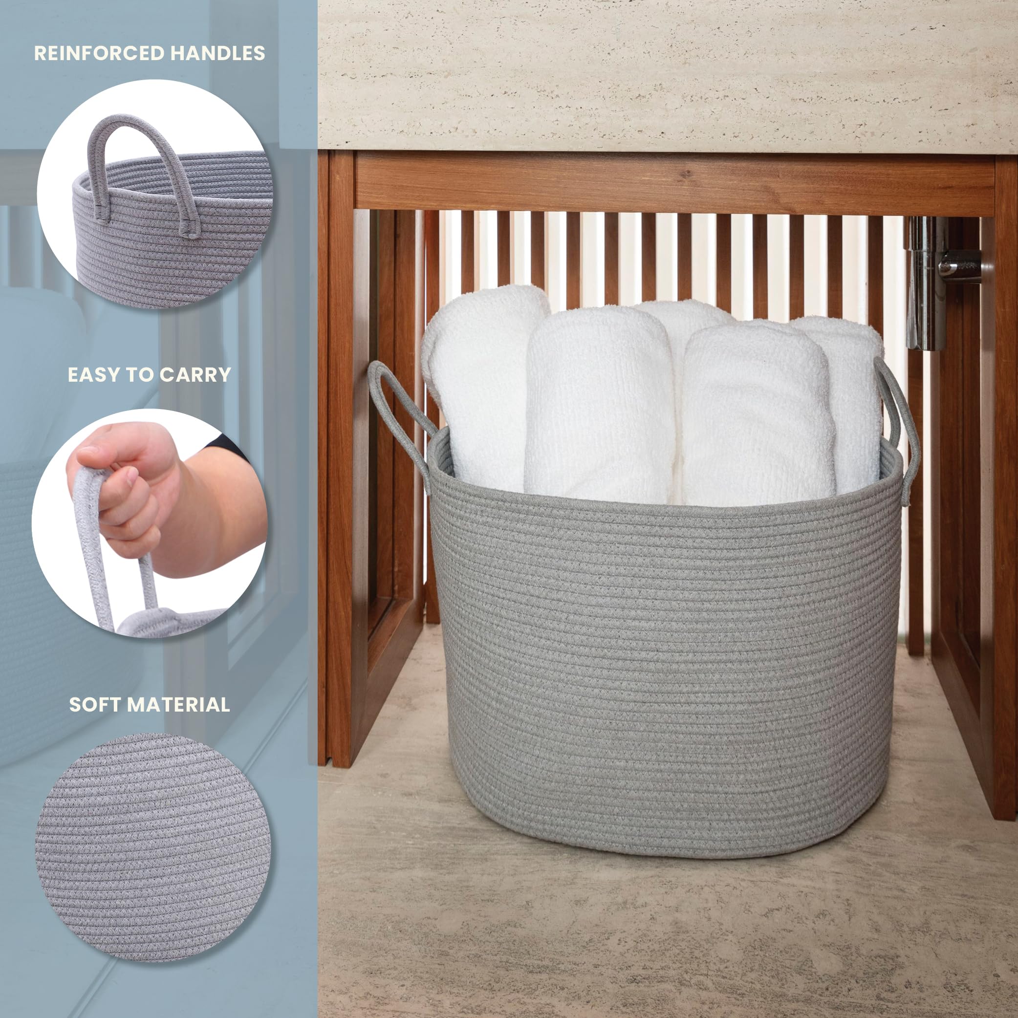 OrganiHaus Zwarte wasmand, geweven touwmand voor wasgoed, speelgoed en