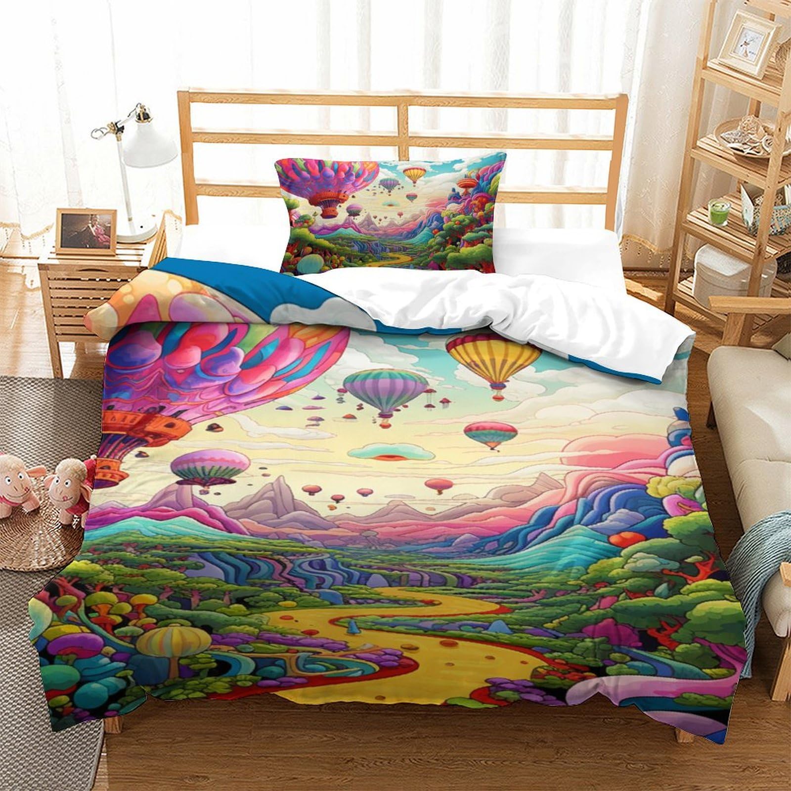 Housse de couette montgolfière 3D 135x200 parure de lit single avec fermeture éclair