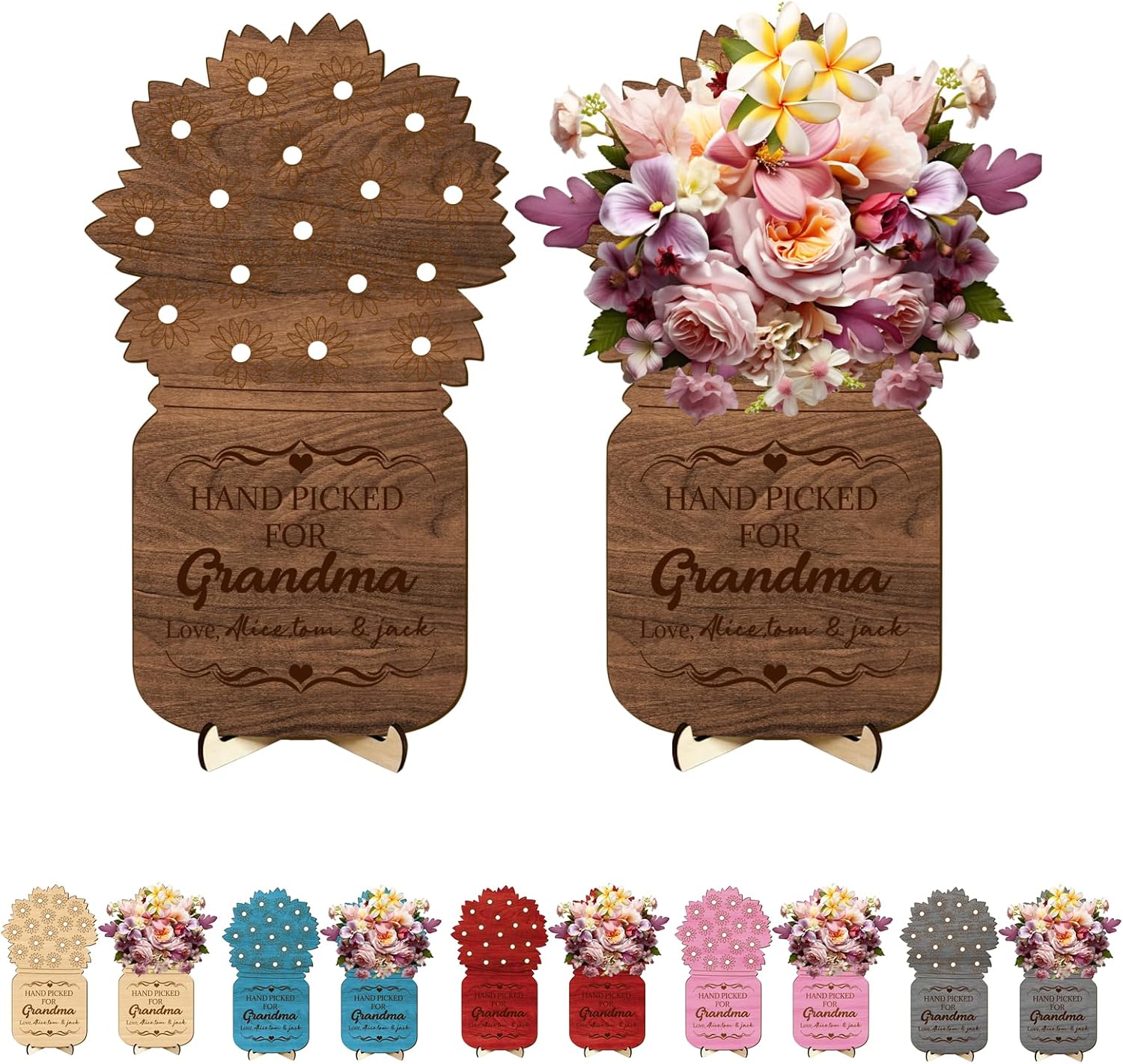 Personalized Hand Picked Flower Holder for Flower Arrangement Mom Wooden Flower Vase Flower Stand Teacher Flower Display Rack Birthday Party Mother's Day DIY Flower Holder Gift for Mom Grandma Wife