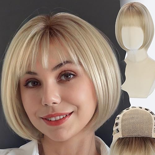 WIGYY Honey Light Blonde Bob Wig with Bangs for White