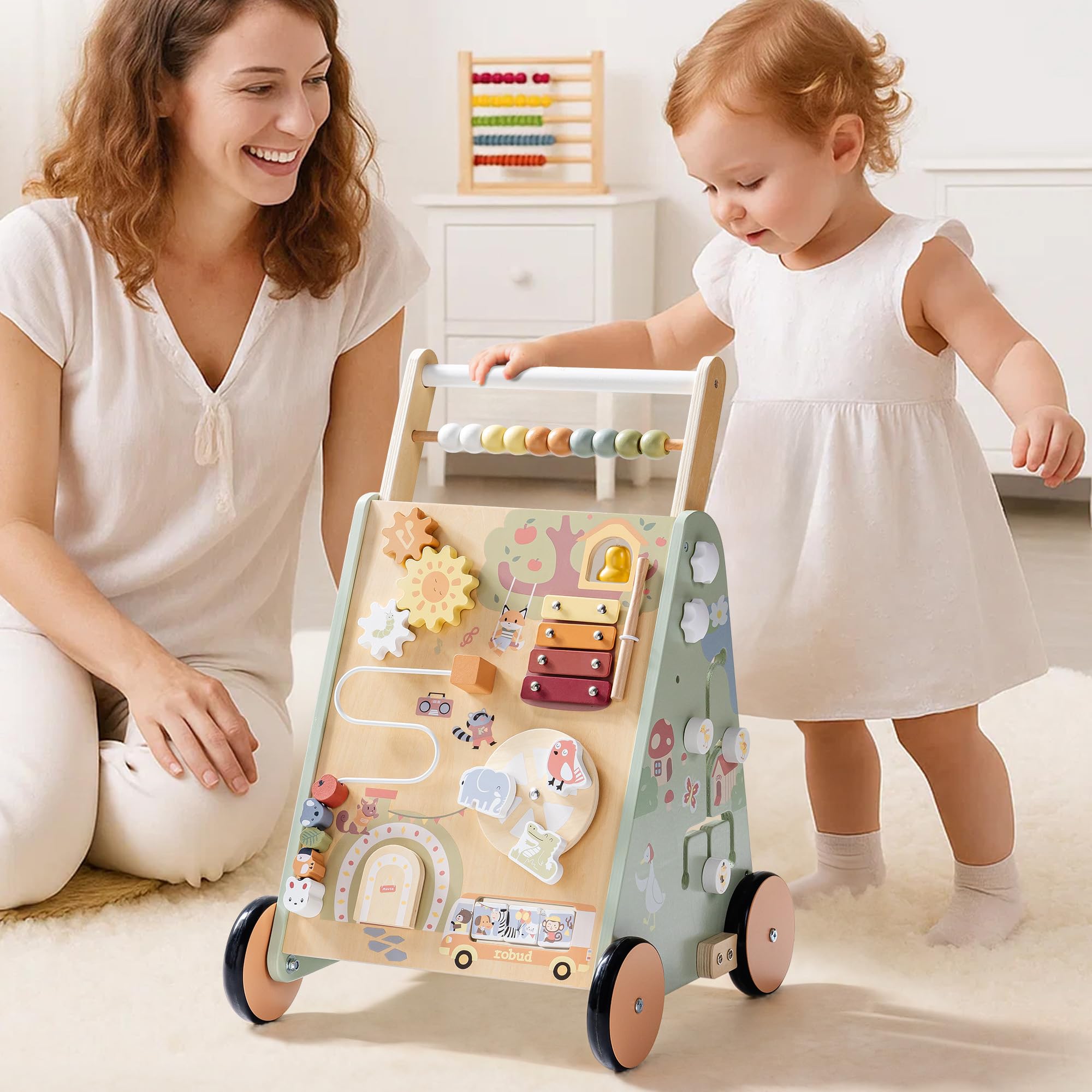 ROBUD Andador de madera para bebés para niños pequeños, juguete multifuncional 8 en 1 con centro de actividades, gran espacio de almacenamiento, control de altura y velocidad, andador educativo de