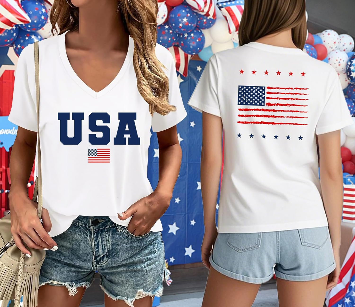 Womens American Flag Shirt USA Patriotic V-Neck 4th of July Tee image 4