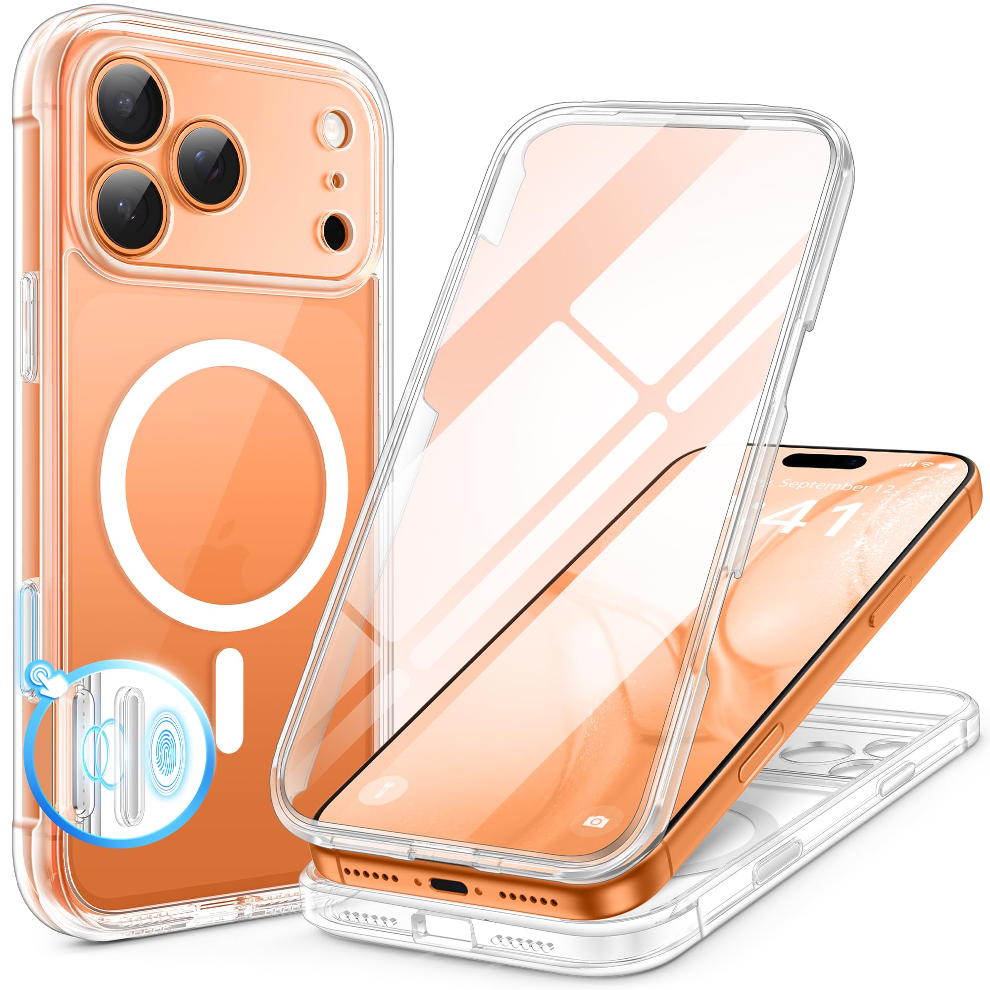 BERFY for iPhone 17 Pro Max Case, Compatible with MagSafe, Built-in Glass Screen Protector, Camera Protection, Shockproof Full Body Phone case 6.9", Clear