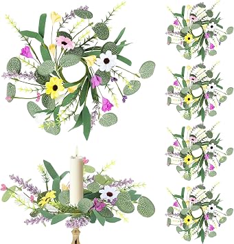 6 PCS Fall Summer Flowers Taper Candle Rings Wreaths 1.38" Mini Fall Summer Floral Taper Candle Holder Wreaths Colorful Artificial Wildflowers Table Centerpieces Wreath for Church Home Wedding Decor