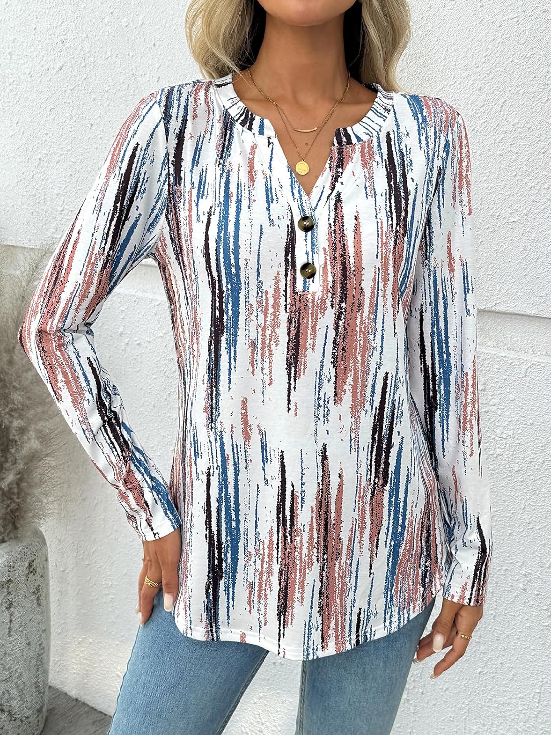 Dealmore Women's Boho Henley Shirts - Soft Stretch Long Sleeve Blouses, Casual Printed V-Neck Tunic Tops - Image 2