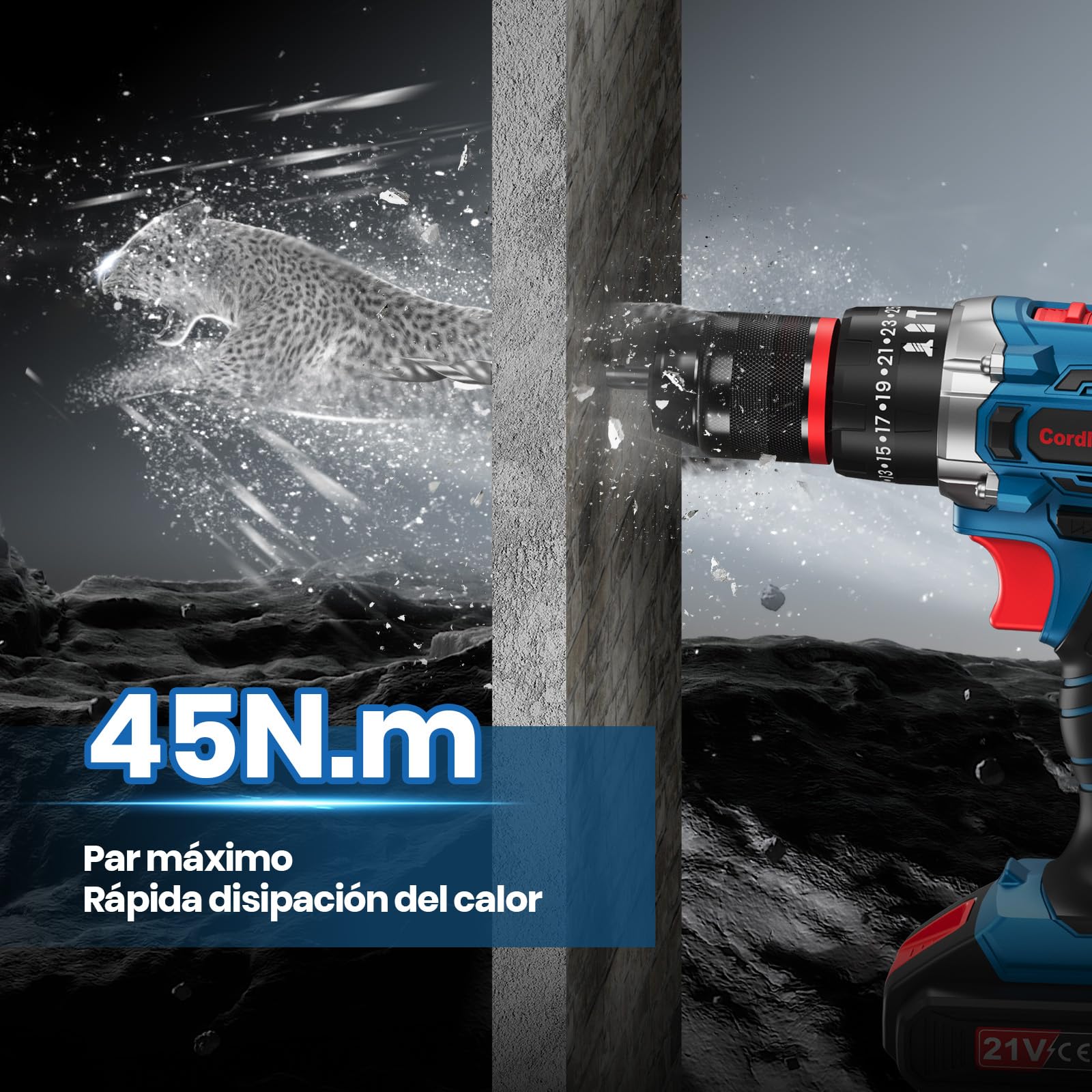 21V Taladro Percutor a Bateria, Taladro Inalámbrico con 2x2,0Ah Baterías, Taladro Atornillador Batería Torque Máximo 45Nm, 25+3 Ajustes Torque, Doble Velocidad, Luz LED, 29 Piezas Accesorios