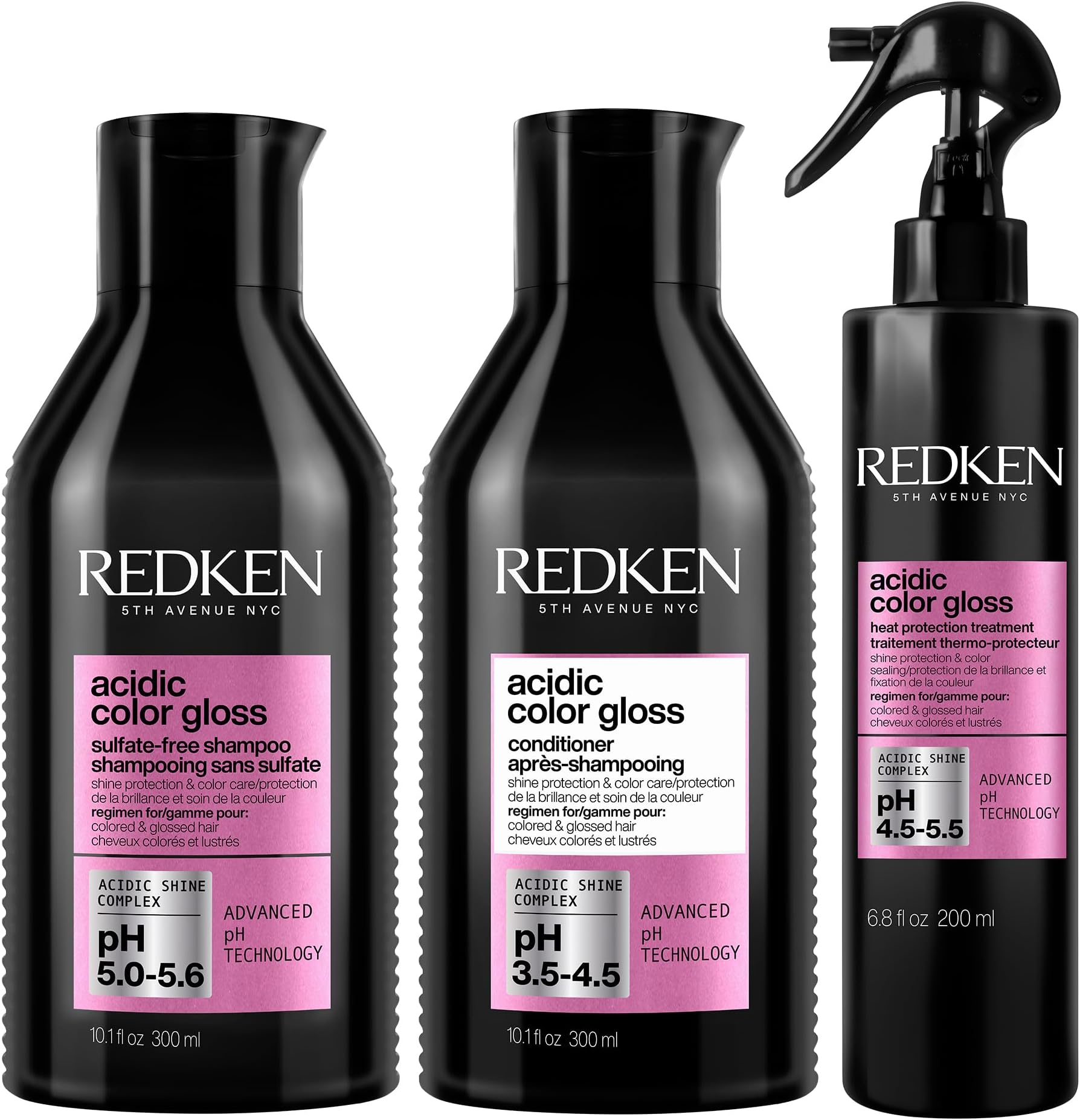 Acidic Color Gloss Shampoo, Conditioner & Heat Protection Spray Set For Color-Treated Hair - Detangles and Extends Intense Shine With Heat Protection