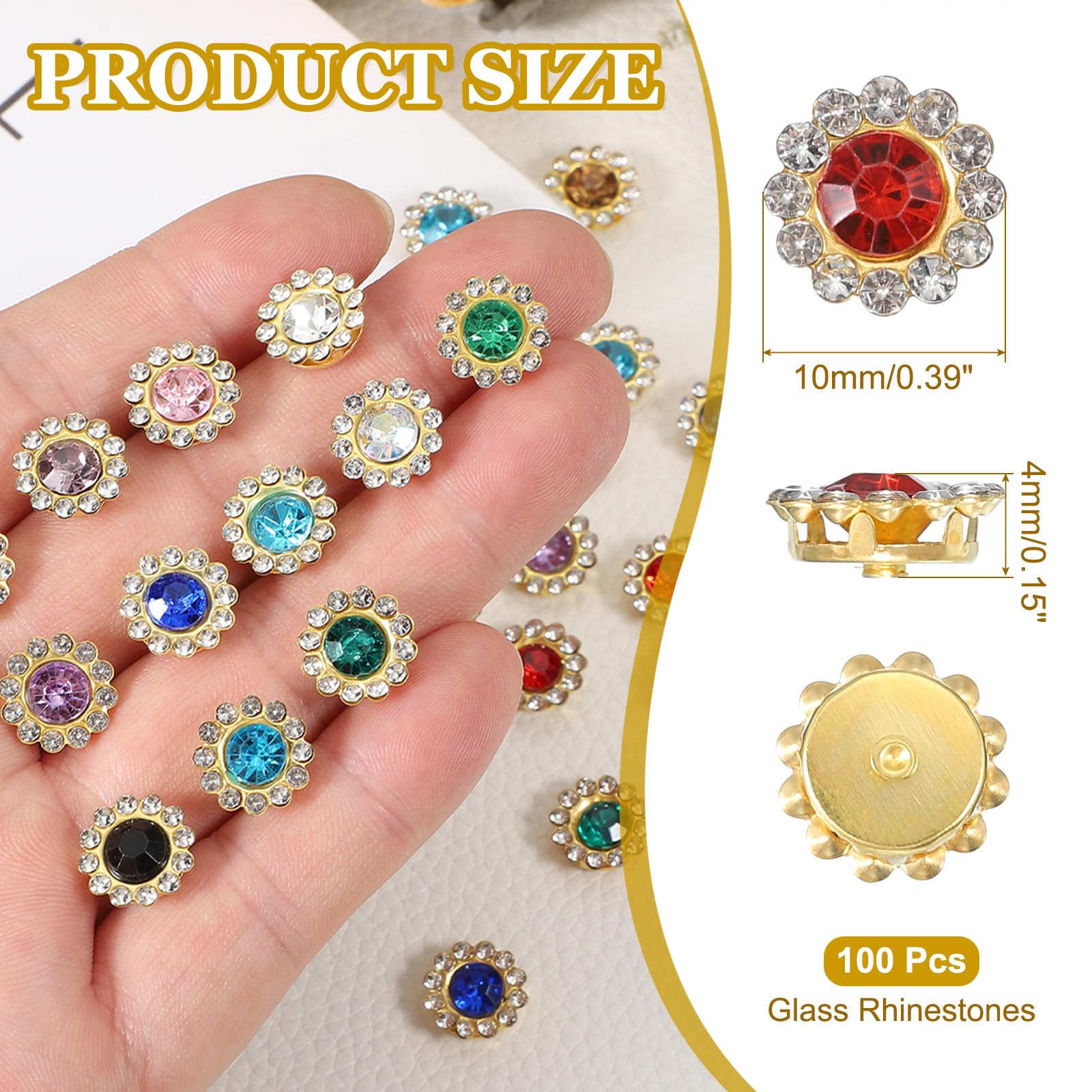 PATIKIL 100 Pcs Sew on Rhinestones Crystals 10mm 2 Layers Sewing Sunflower Flower Claw Rhinestones Crystals Glass Gems Metal Base for Wedding Dress Clothes Crafts Decoration Red - Image 2