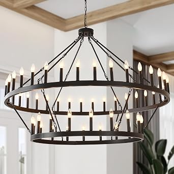 BAOURE 60 Inch Black Extra Large Wagon Wheel Chandelier 2-Tier 54-Light Farmhouse Industrial Pendant Light for High Ceilings, Dimmable Rustic Dining Room & Living Room Ceiling Fixture