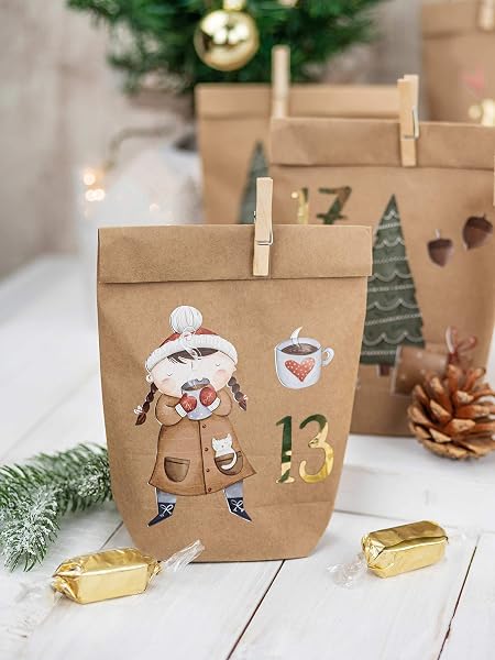 PaPIerDraCHeN Calendario dell'avvento Fai da Te da riempire - Pattinatore di Ghiaccio da attaccare - con 24 Sacchetti di Carta Marrone e Grandi Adesivi per Bambini - Natale - 4