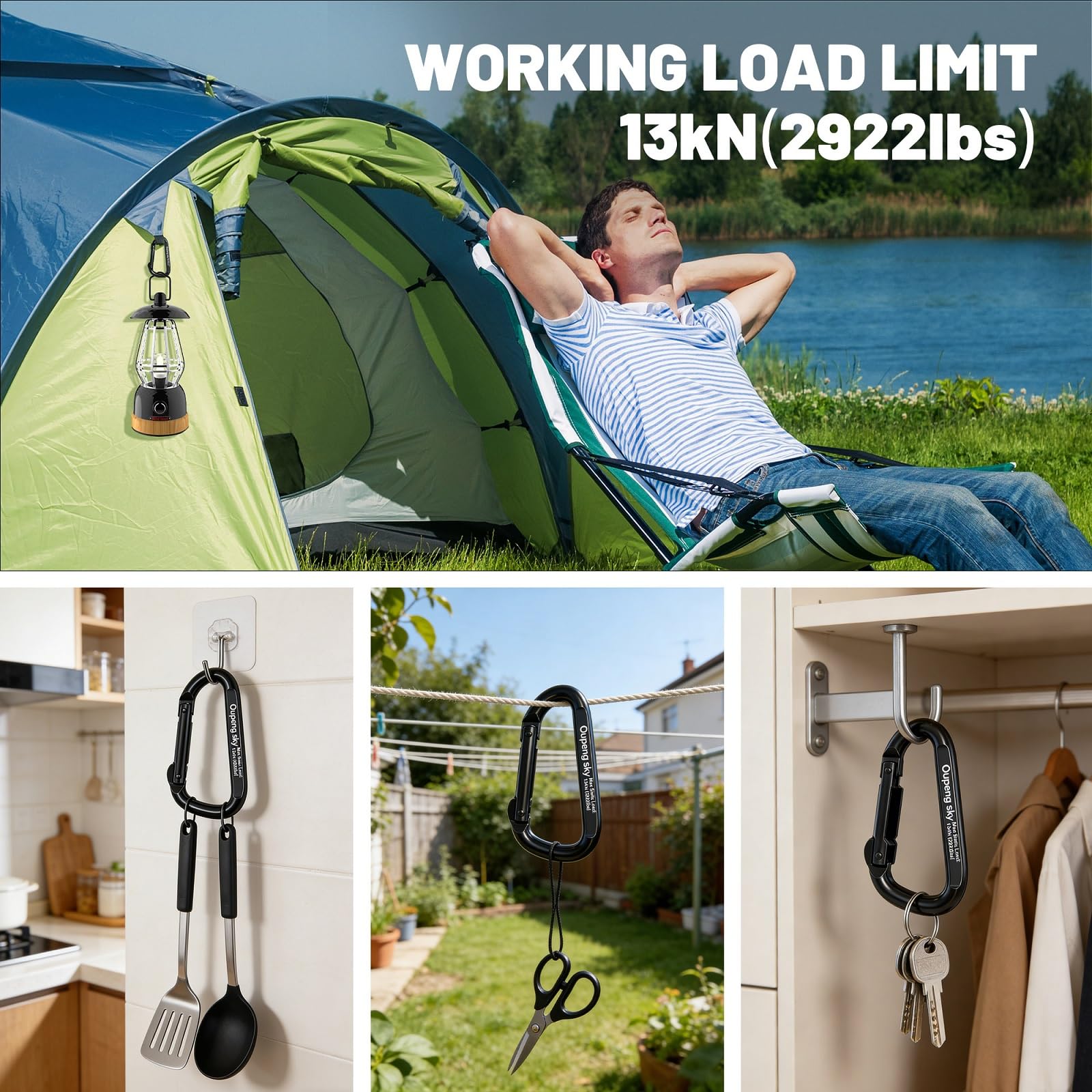 Mousqueton – Mousquetons robustes de 362,9 à 13 kN (1 325,4 kg) en forme d'anneau en D, porte-clés, multifonction pour le camping, la randonnée, la randonnée ou d'autres activités de plein air.