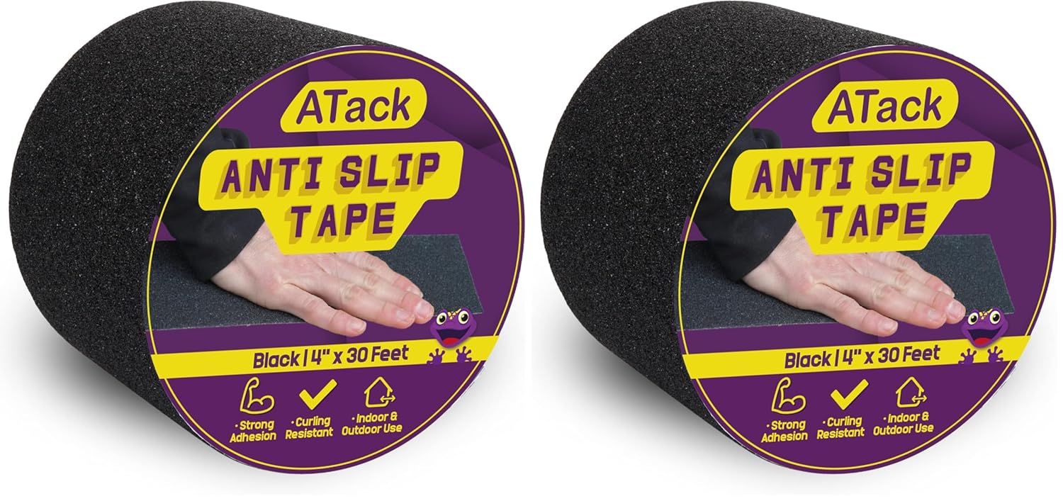ATack Anti Slip Tape, Black, 4" x 30 Feet, Safety Track Tape Pet-Safe, Hypo-Allergenic, Weather Proof and Non Skid Indoor and Outdoor Safety Traction Tape (Pack of 2)