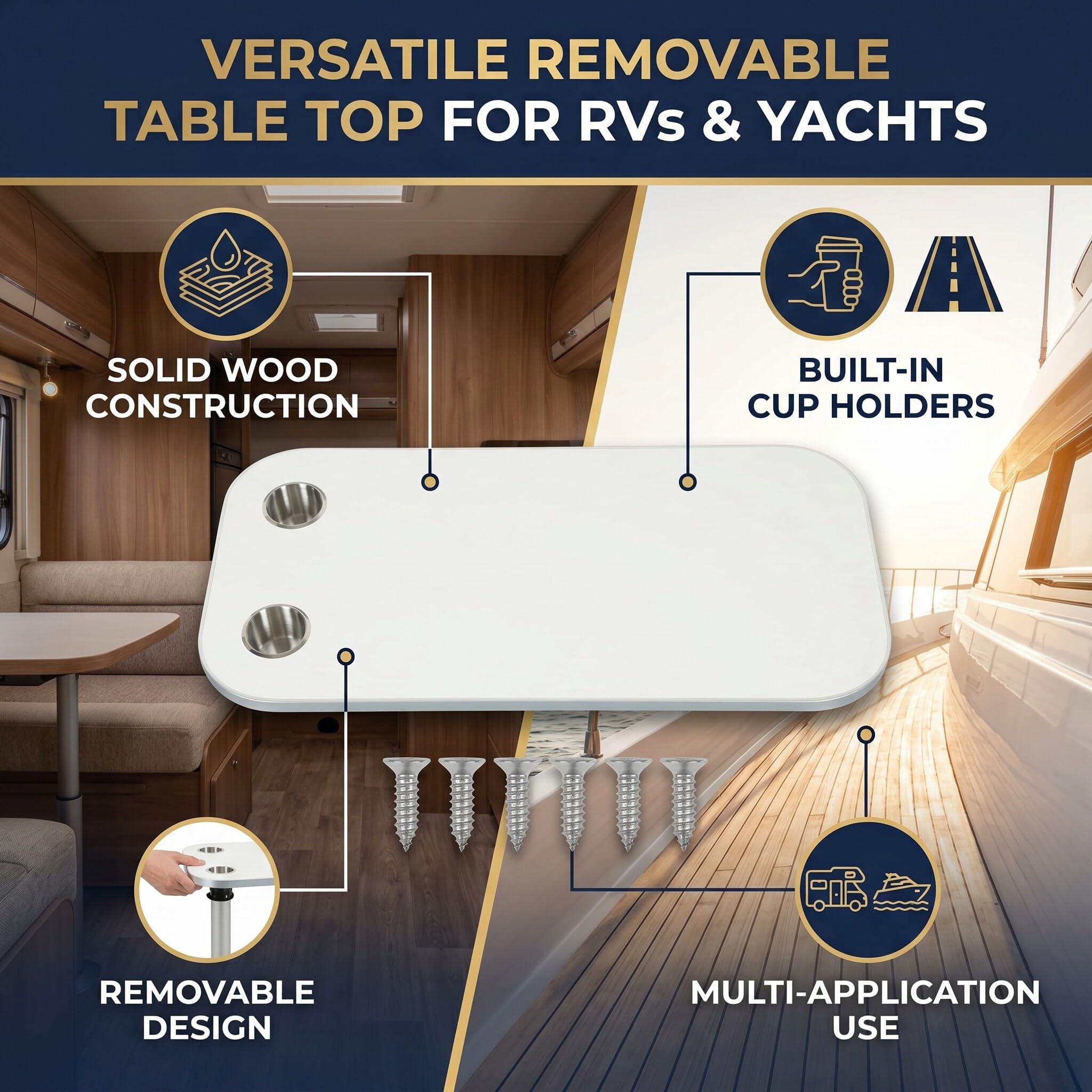 Cocoarm Abnehmbarer Rechteckiger Wohnmobil-Tisch, Marine-Tischplatte aus Massivem Holz, 400 X 800 Mm, mit 2 Getränkehaltern, wasserdichte Oberfläche, Schraubbefestigung für Wohnmo (Beige)