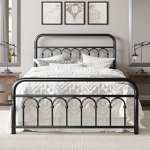 Miniatura 11 de Allewie Marco de cama de plataforma de metal tamaño Queen de 14 pulgadas con cabecero/pie de cama curvado de hierro forjado estilo victoriano, Negro