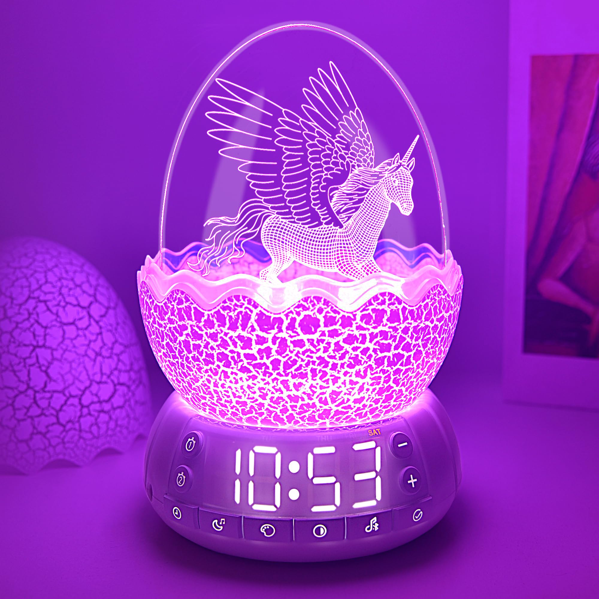 Unicorn Night Light for Kids with 20 Soothing Sounds & Bluetooth Speaker, Unicorn Digital Clock with 8 Color Changing & Dimmable Features, Timer