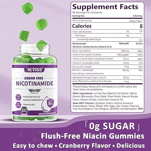 Miniatura 2 de Gomitas de nicotinamida de 500 mg, vitamina B3, suplemento de niacina de amida nicotínica sin descarga para adultos con vitamina A, E, C, biotina y