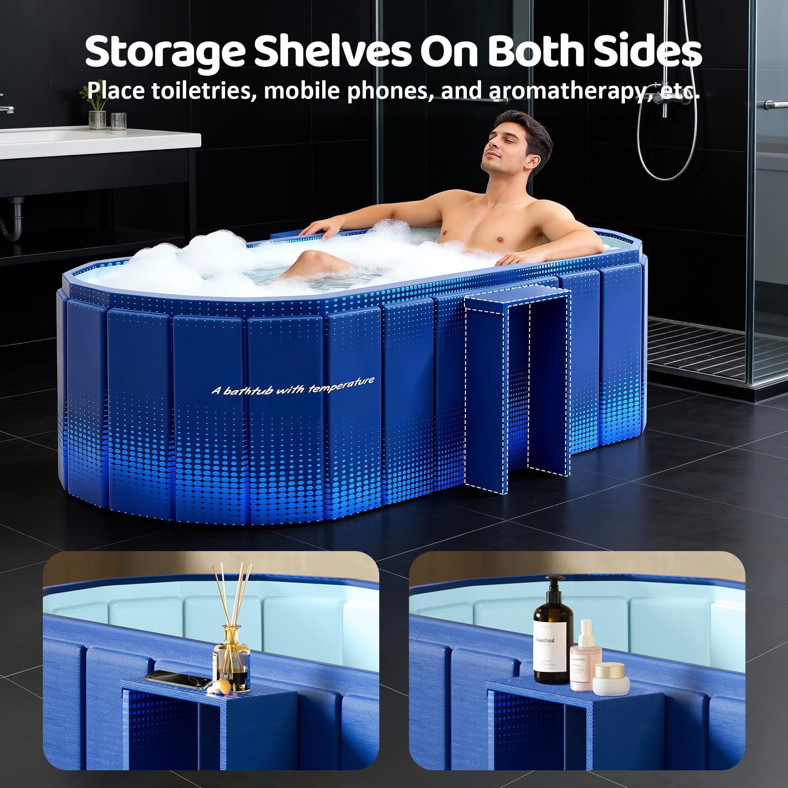 Bañera plegable portátil, bañera independiente sin instalación, bañera de baño de spa, ducha plegable para baño caliente y hielo (azul con estante de almacenamiento, 59 pulgadas de largo x