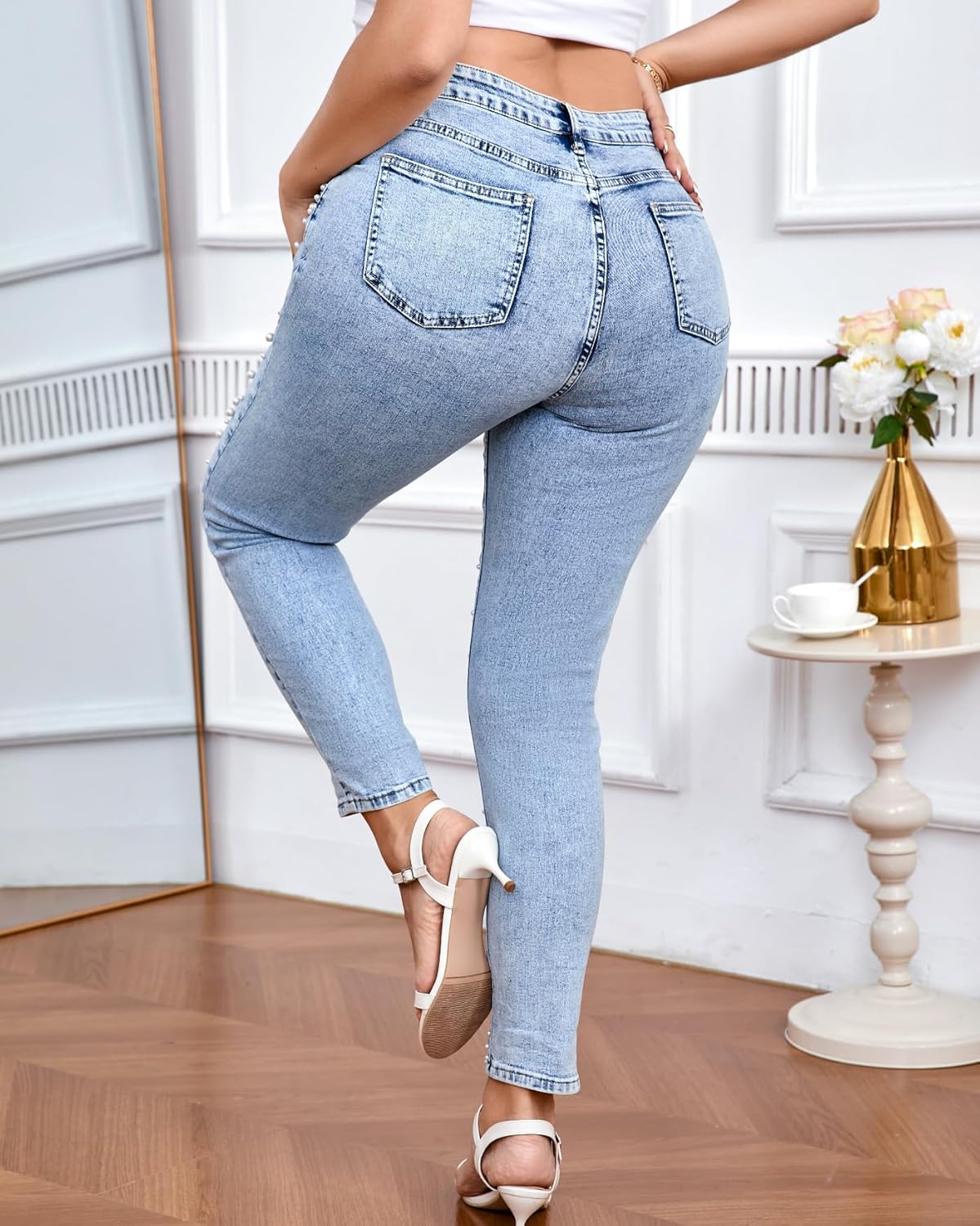 Pearls Skinny Jeans for Women High Waist Stretchy Trendy Slimming Jeggings Denim Pants - Image 2