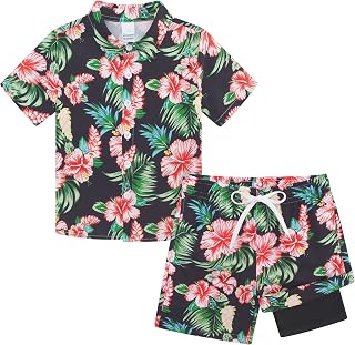 Boys Hawaiian Outfits Tropical Print Button Down Shirt + Swim Trunks 2 Piece Sets for 5-12T Kids