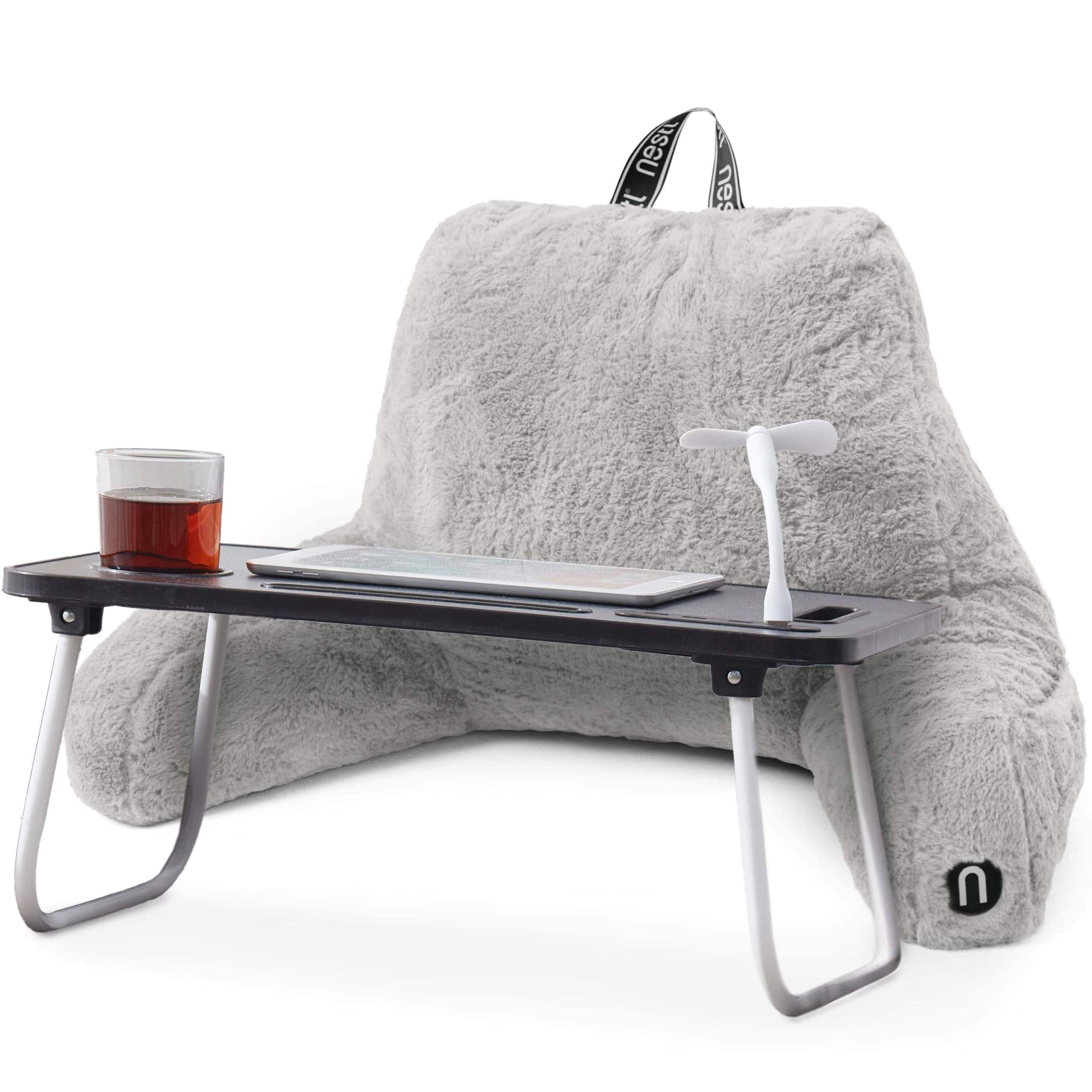 Nestl Fur Reading Pillow with Laptop Lap Desk, Stylish Back Pillow for Sitting Up, Lap Desk with Reading Pillows for Sitting in Bed Adult & Kids, Faux Fur Chair Pillow with Arms - Light Grey