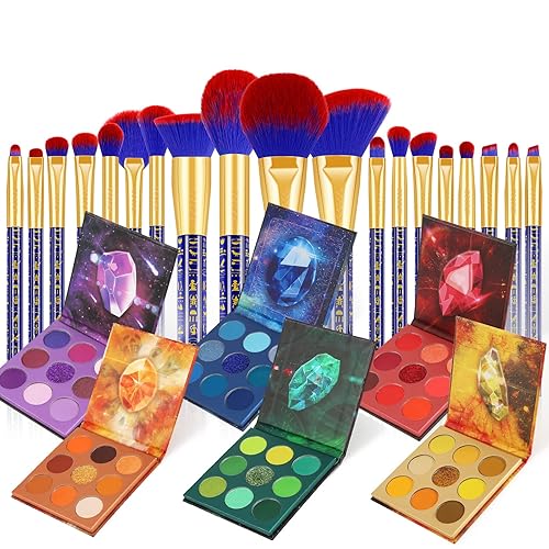 docolor Juego de 19 brochas de maquillaje Bastet Cat + paleta de sombra de ojos de piedras preciosas de 54 colores, base Kabuki sintética de primera