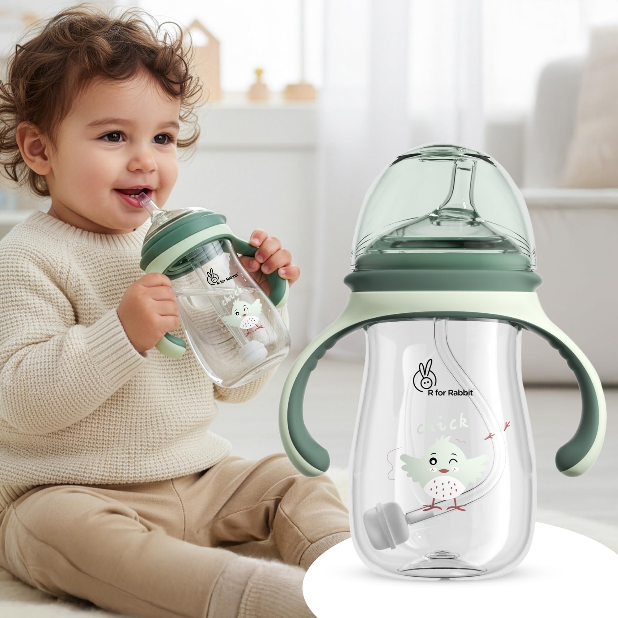 R for Rabbit Tritan Tweet 240 ml Baby Spout Cup for Kids | Twin Handle Non Toxic BPA Free Soft Silicone Spout Sipper Bottle | Leak Proof Drinking Sippy Cup for 6+ Month Infant Baby Boy & Girl (Green)-picture-38