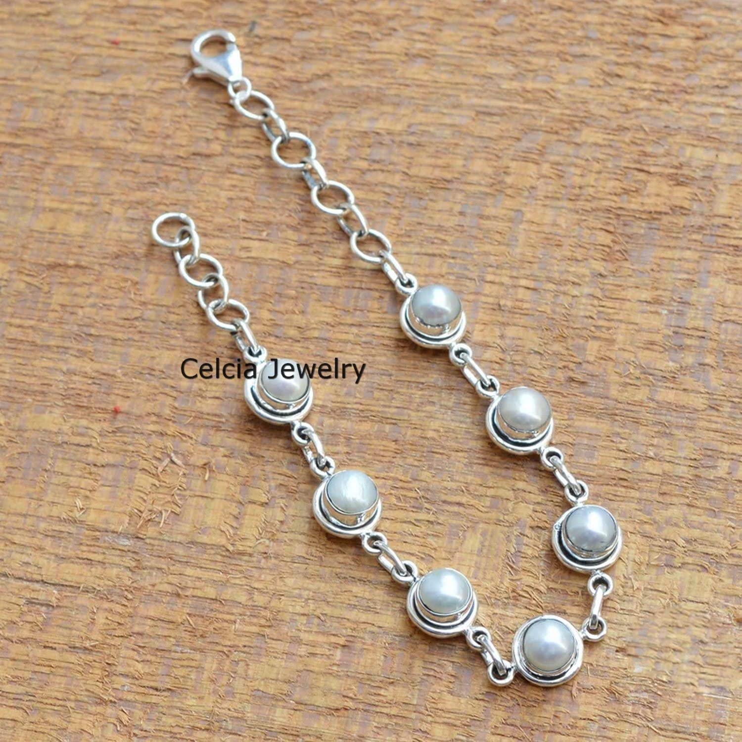 Bracciale in argento sterling puro 925 per donne e ragazze, braccialetto di perle naturali con pietre preziose Bracciale artigianale unico per lei o lui