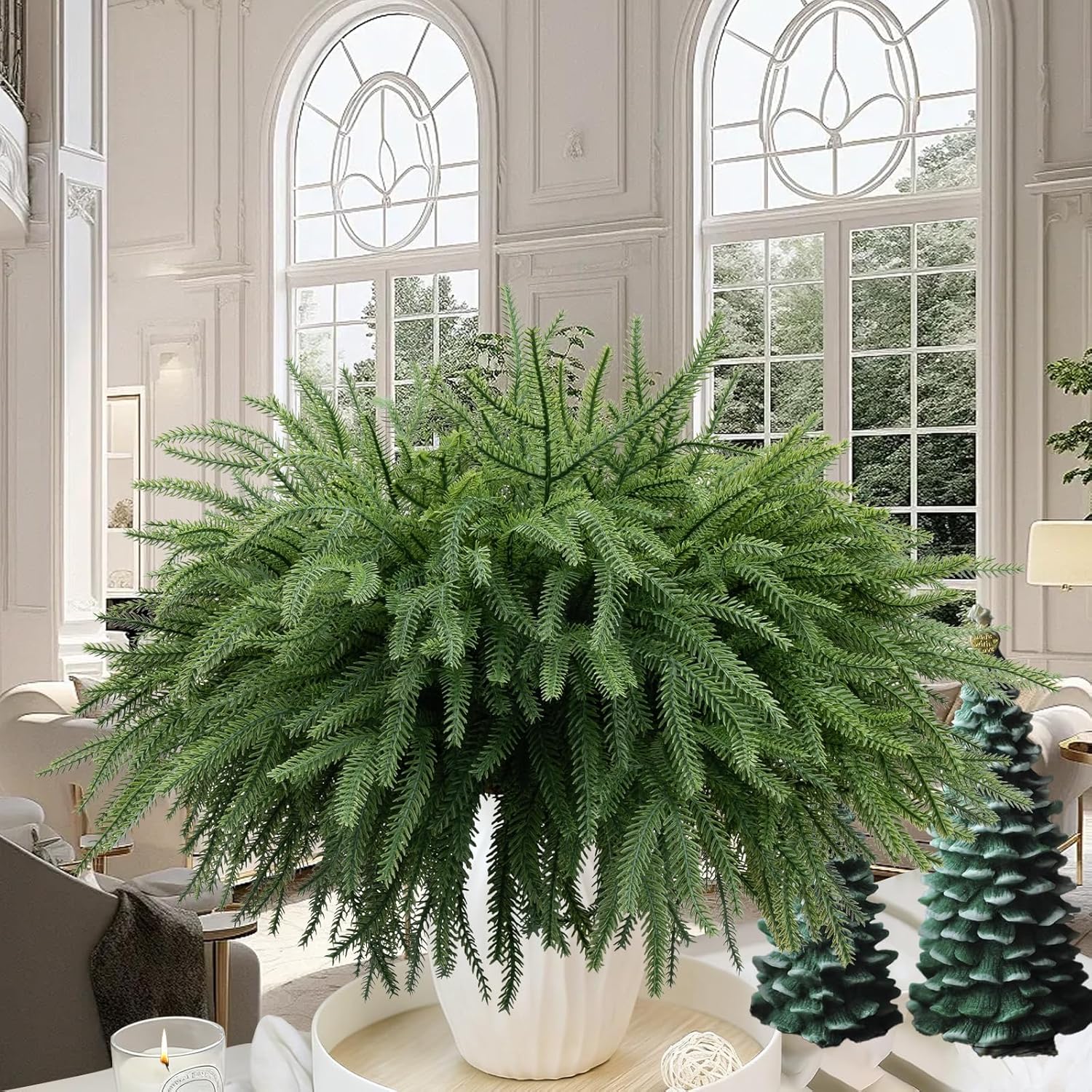 Christmas Norfolk Pine Branches Stems 18 Inch Real Touch Artificial Norfolk Pine Stems Branch Faux Cedar Pine Christmas Fake Greenery Picks for Vase DIY Garland Wreath Home Decoration (12)