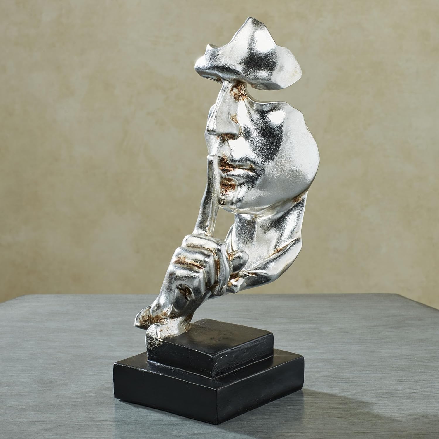 Keeping Secrets Abstract Table Sculpture | Metallic Antique Silver and Black Finish | Abstract Face Bust Statue Making a Hushing, Be Quiet Gesture with One Raised Finger | Modern Tabletop Sculpture