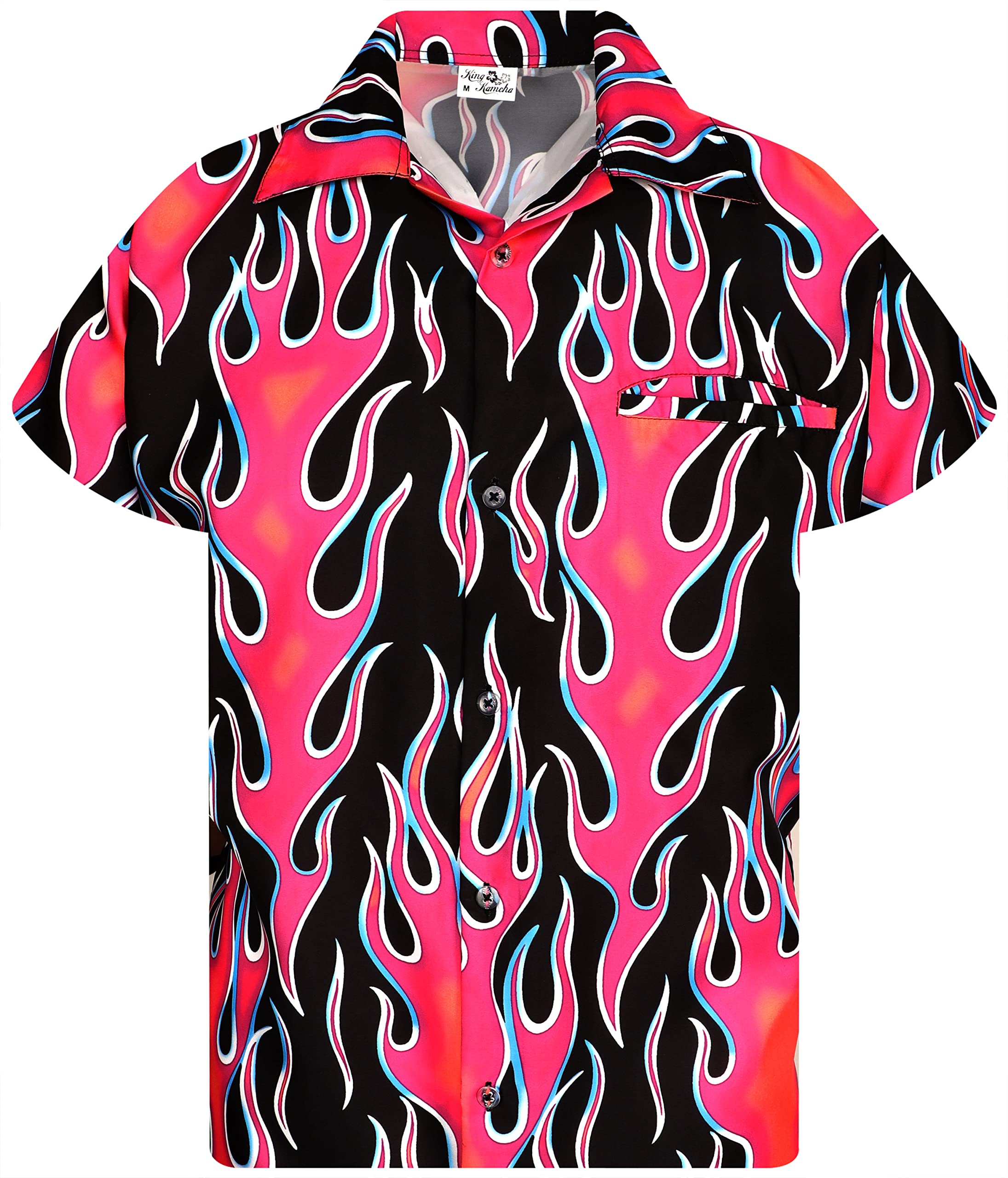 King Kameha Funky Hawaiian Shirt, Men, Shortsleeve, Flames Wild, Pink, M
