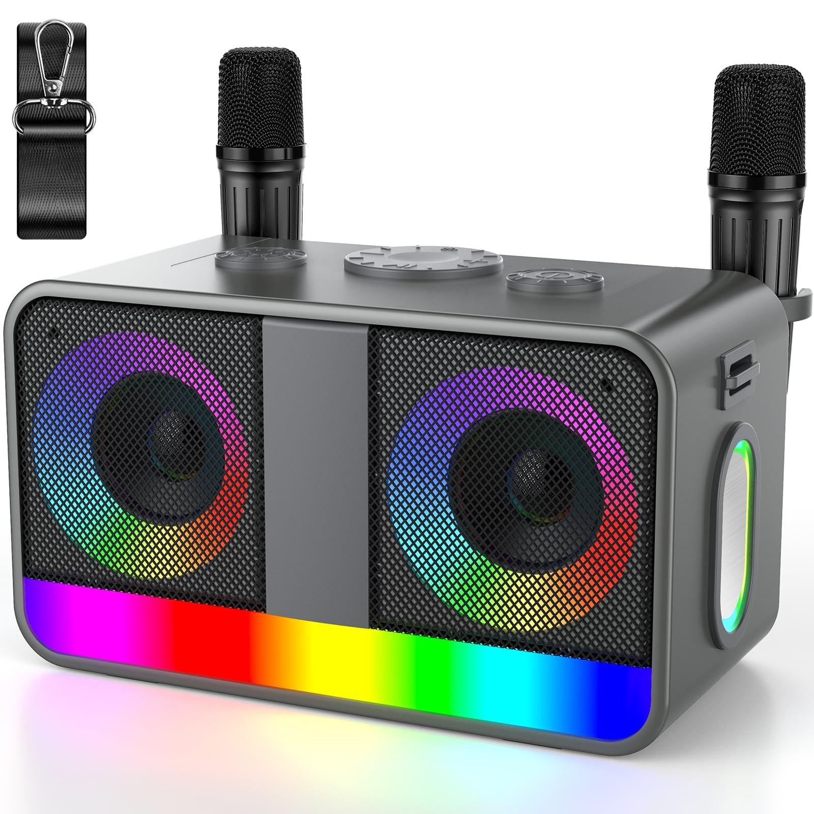 Karaoké Haut-Parleur Portable 35W Réel, Autonomie de 8 Heures, 2 Microphones sans Fil Rechargeables, LED, Machine de Karaoké pour Adultes et Enfants, (CHJ171-Silvergray)