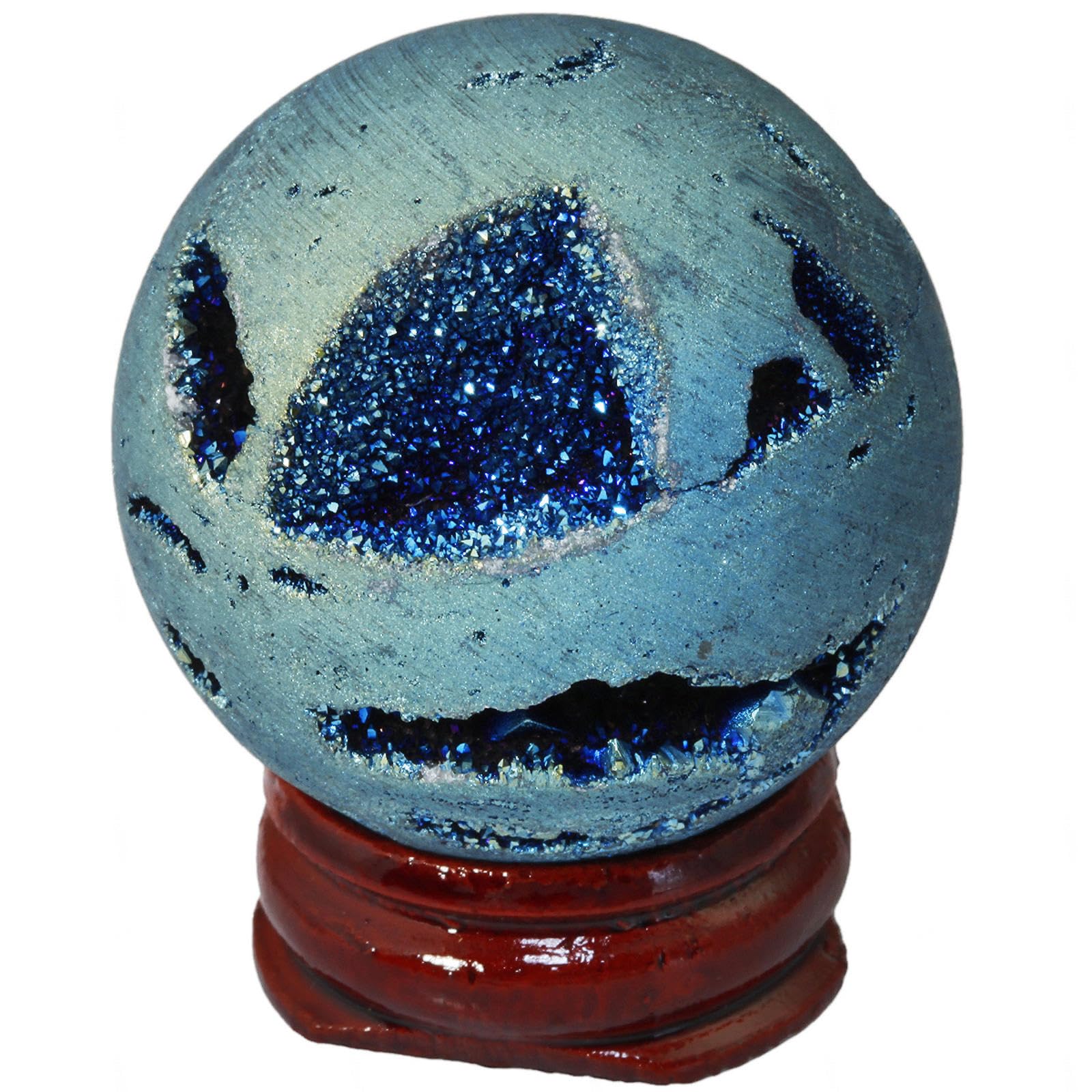 PKNVKZIDK Titanium Coated Agate Geode Crystal Sphere Ball with Wooden Stand, Rainbow Quartz Stone Gift Ornament,Light blue-40mm