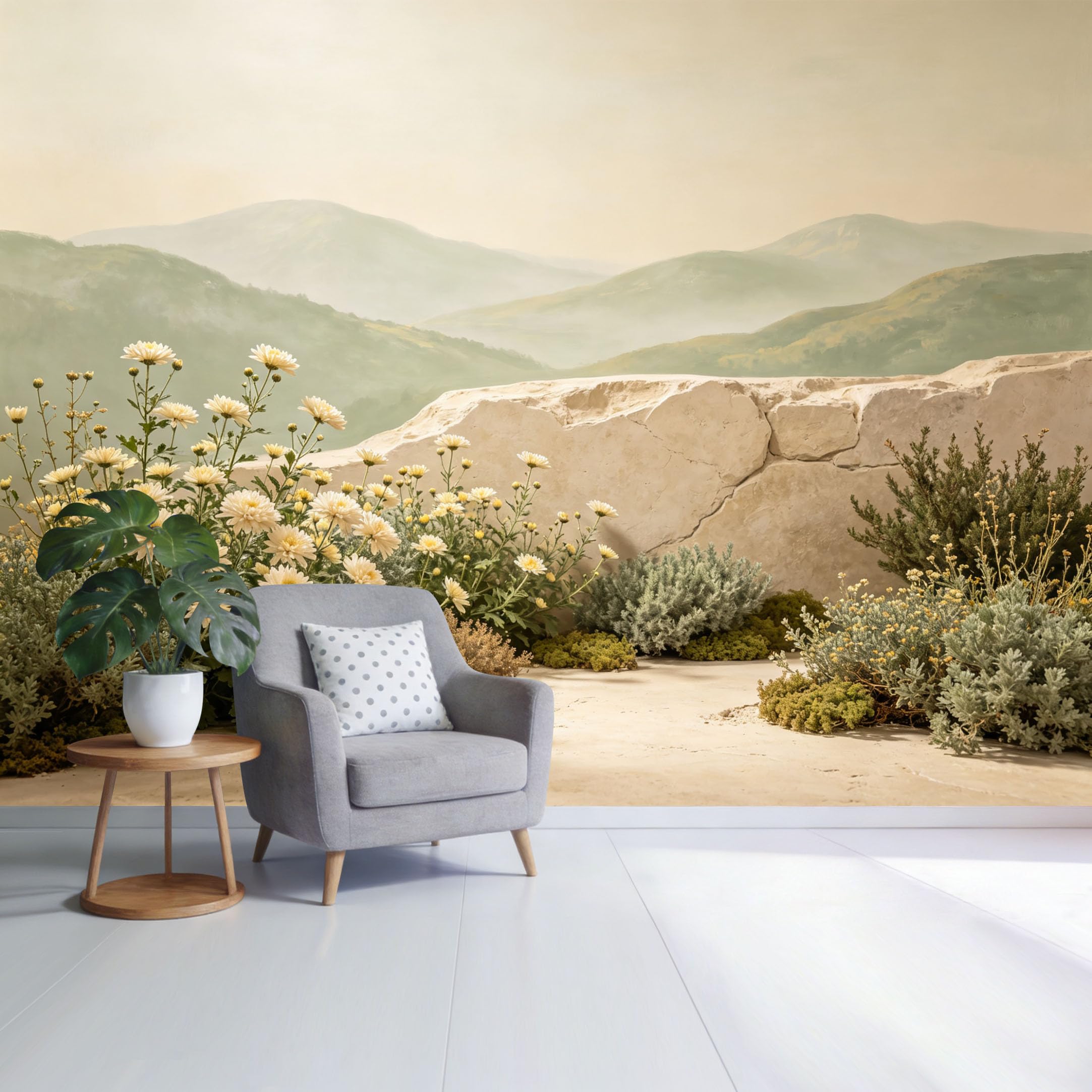 Custom Size Wall Mural Mountain Landscape Botanical Wildflower Garden Stone Texture Pastel Nature Scene SelfAdhesive Wall Fabric Removable Wallpaper for Home Office Decor