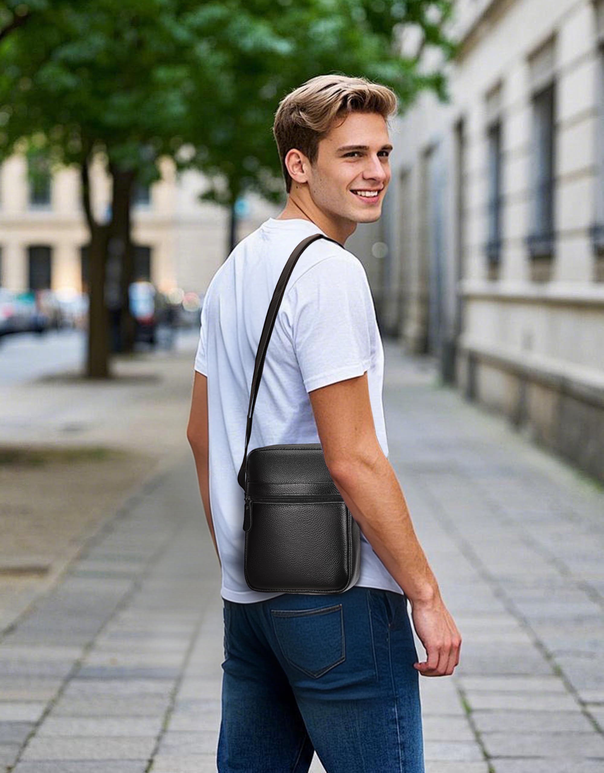 Leathario Sac à Bandoulière en Cuir Véritable pour Hommes Sac Pochettes décontractées pour les Voyages d'affaires Shopping Usage Quotidien Grande Capacité À la Mode Noir