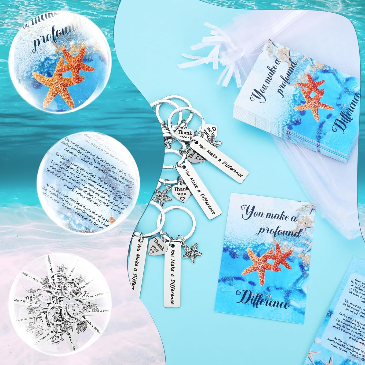 Gersoniel 30 Sets Starfish Story Gifts Bulk Employee Appreciation Gifts Thank You Staff Valentines Sea Gift Include Mini Keychain Charms Notecards Drawstring Bag for Coworker Volunteer(Elegant Style)