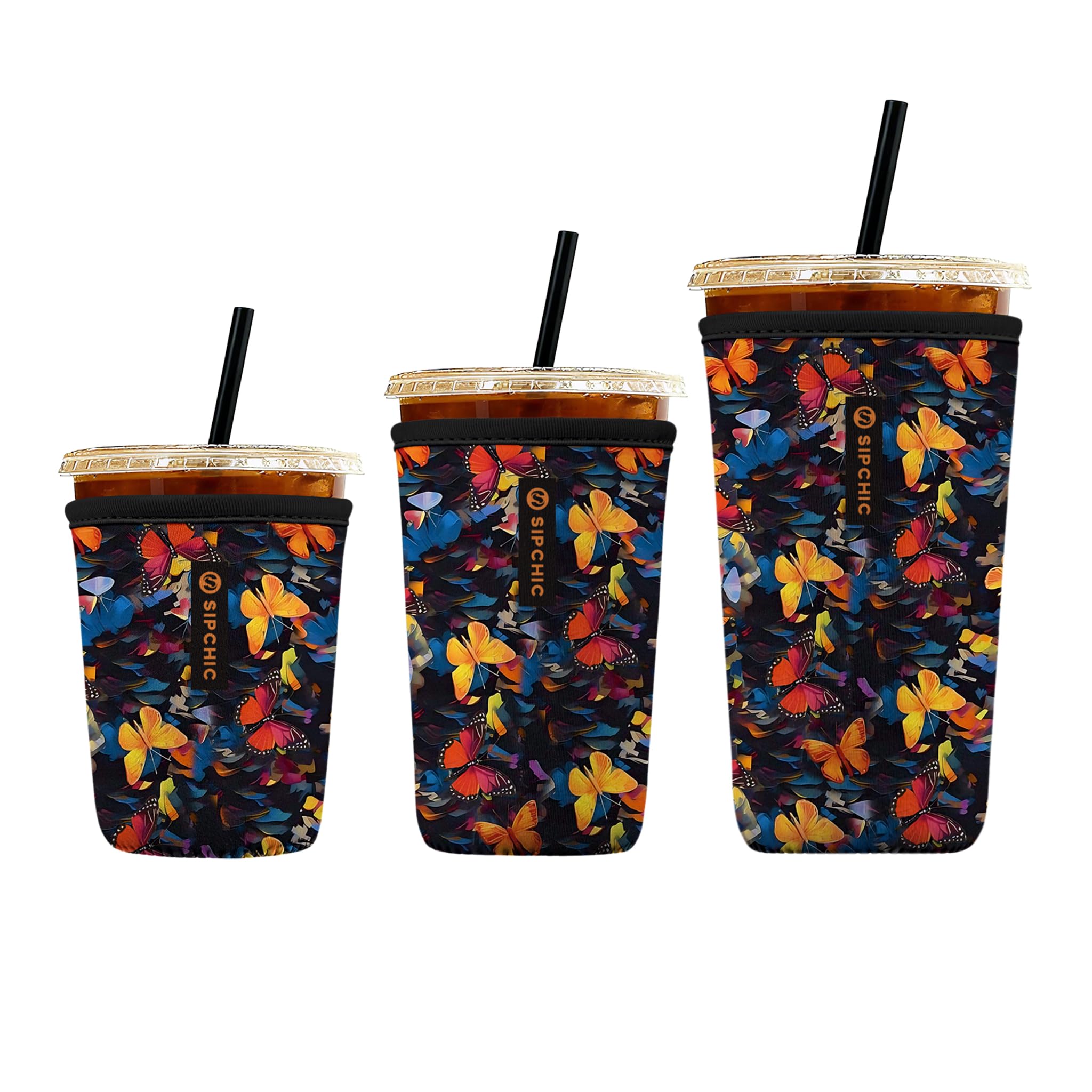 Iced Coffee Sleeve – Neoprene Reusable Cup Sleeves for Drinks, Insulated Drink Sleeves to Keep Hands Dry &amp; Drinks Cold, Stylish &amp; Durable Coffee Sleeves (Dizzy Butterfly, S/M/L 3-Pack)