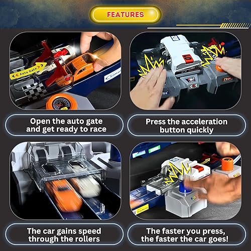 Miniatura 3 de PlenPLAY Juego de pistas de carreras para 2 jugadores, pista accionada por botones de 10 pies con control de velocidad, barreras de esquina y dos