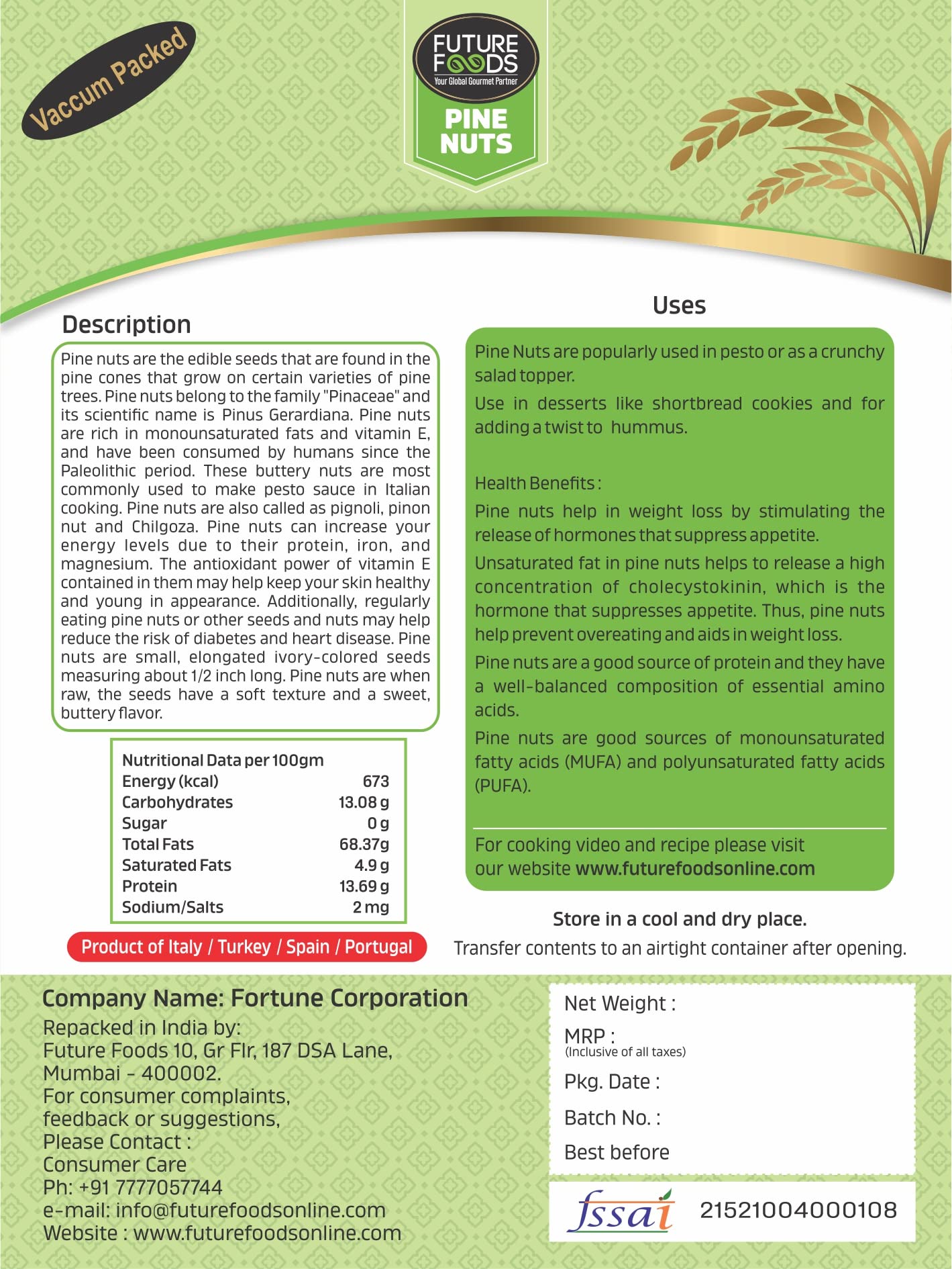 Future Foods Premium Pine Nuts 250g| Pignoli/Chilgoza | Seet & Buttery Flavour | Rich in Antioxidants | High Protein, Iron & Magnesium | Helps to Boost Energy | Ideal for Diabetic & Cardiac Patients - Image 2 thumbnail