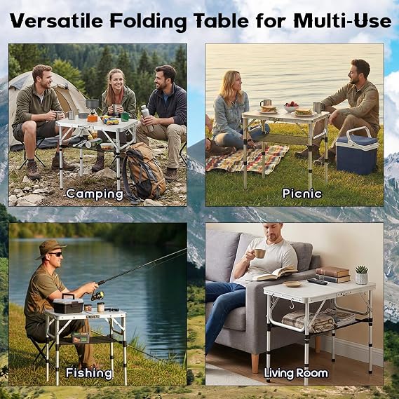 Folding Camping Table, Aluminum 24 x 16 Adjustable Height Small Folding Table with Carrying Handle, Lightweight, Portable Camping Table Waterproof for Outdoor Indoor Picnic Beach BBQ, Silver